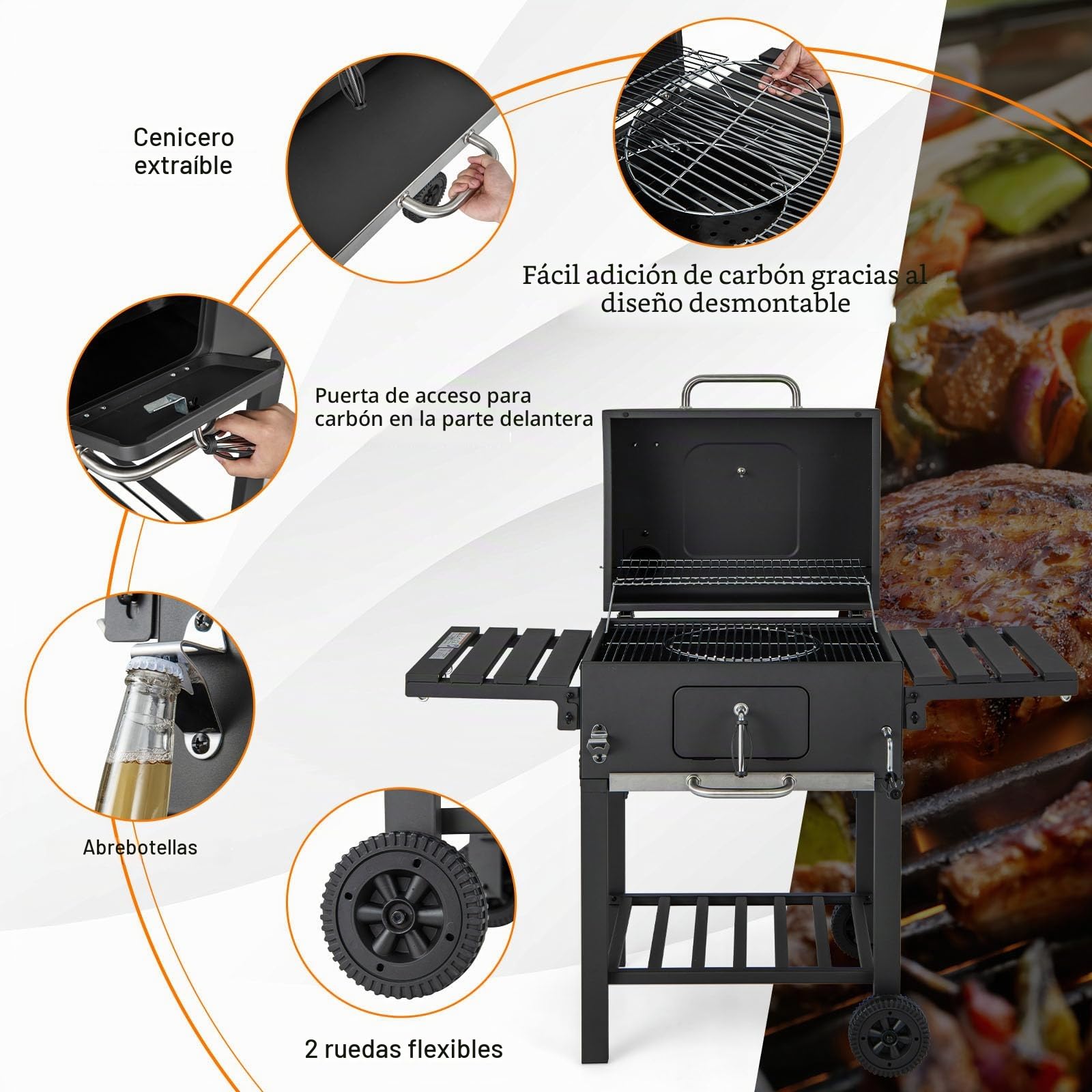 GOPLUS Barbacoa de carbón con tapa, carro de barbacoa con 2 ruedas con 2 mesas laterales plegables, 8 ganchos, termómetro y abrebotellas, parrilla BBQ para picnic, fiesta, camping, jardín y terraza