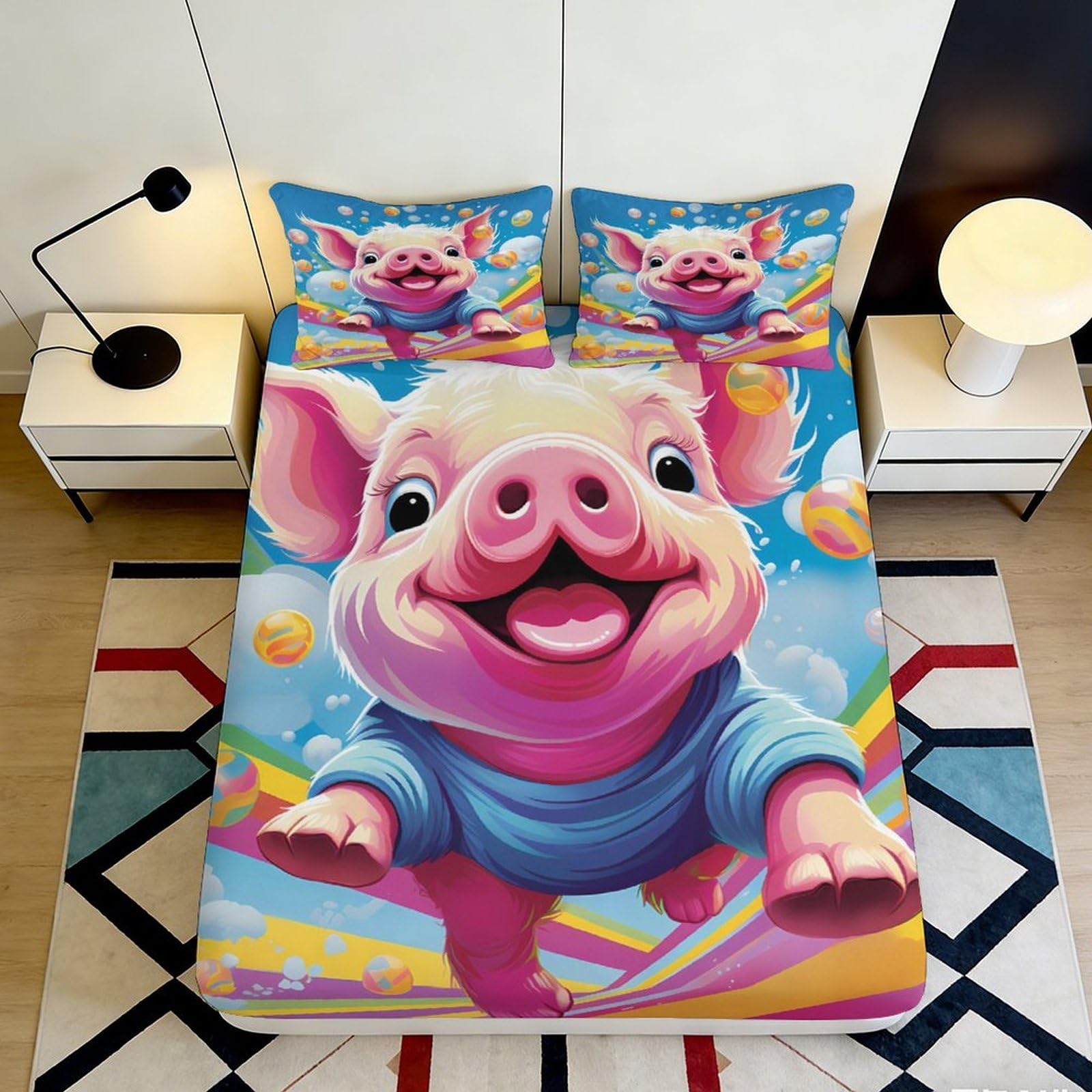 3D Printed Cute Piglet Fitted Sheet Microfiber Soft Breathable Colorful Cartoon Bed Cover for Bedroom Dormitory Guest Room Mattress Protection 140x200x25cm