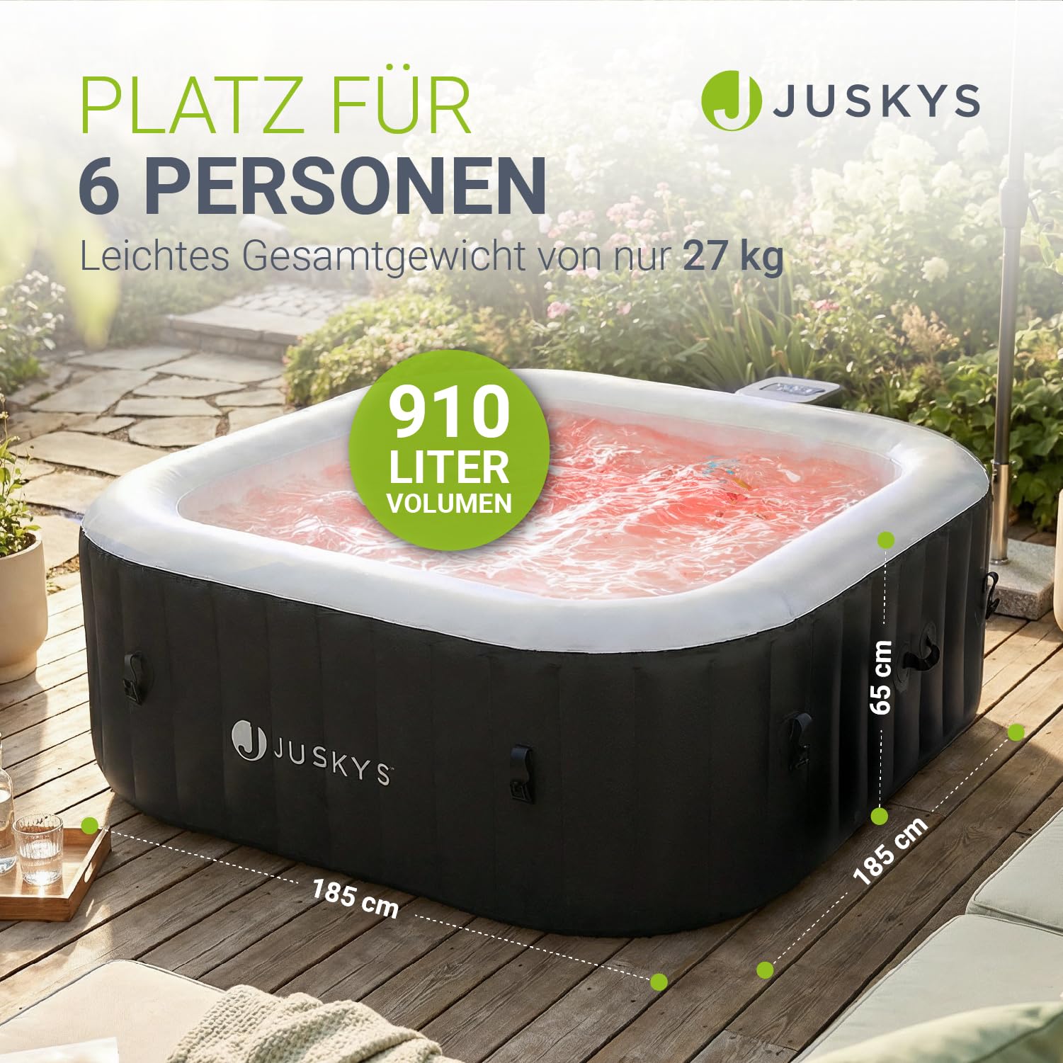 JUSKYS® Whirlpool SpaLuxe – Aufblasbar, Outdoor & Winterfest, 130 Sprudeldüsen, 3000W, PVC, LED-Beleuchtung, Schwarz/Weiß