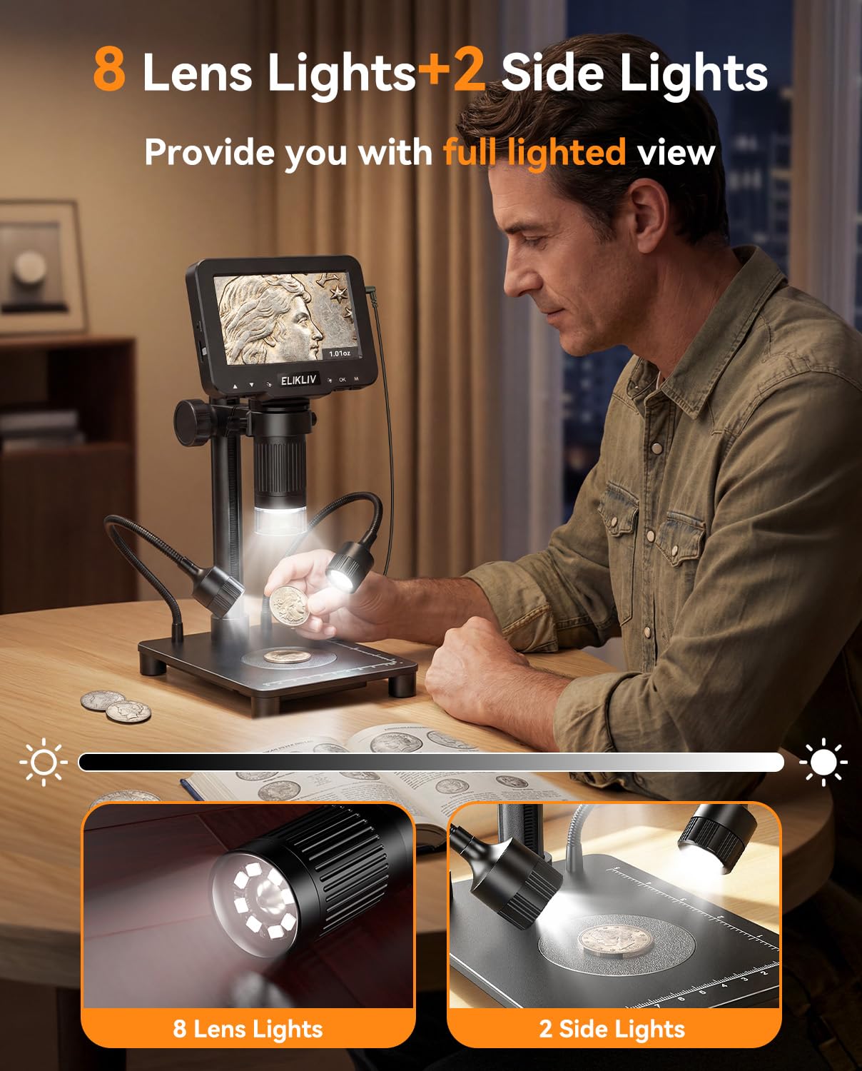 Elikliv Microscopio con bilancia di pesata, lente d'ingrandimento digitale per monete di errore, lente d'ingrandimento per gioielli con luci, schermo LCD da 4,3 pollici, fotocamera da 12 MP, video USB