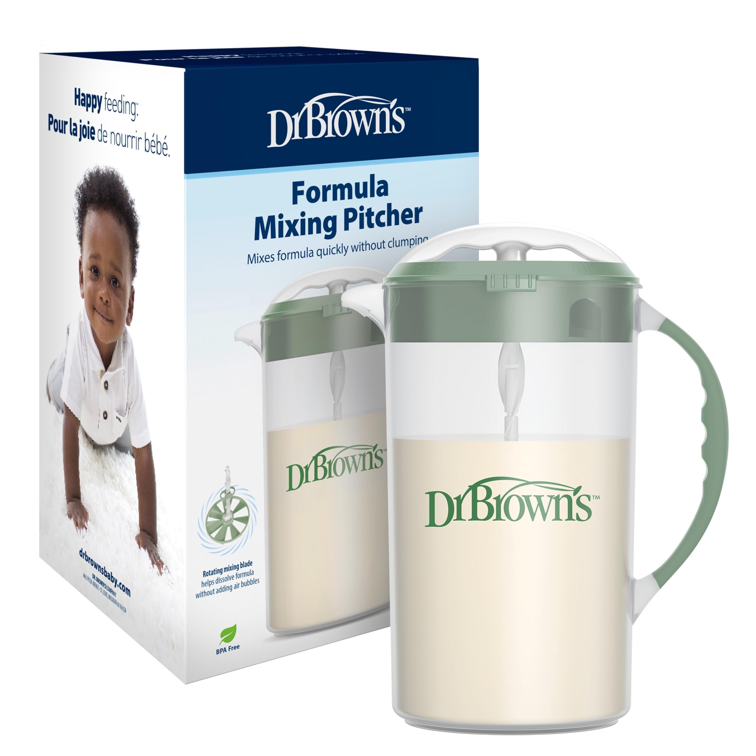 Dr. Brown's Baby Formula Mixing Pitcher with Adjustable Stopper, Locking Lid, & No Drip Spout, 32oz, BPA Free, Olive