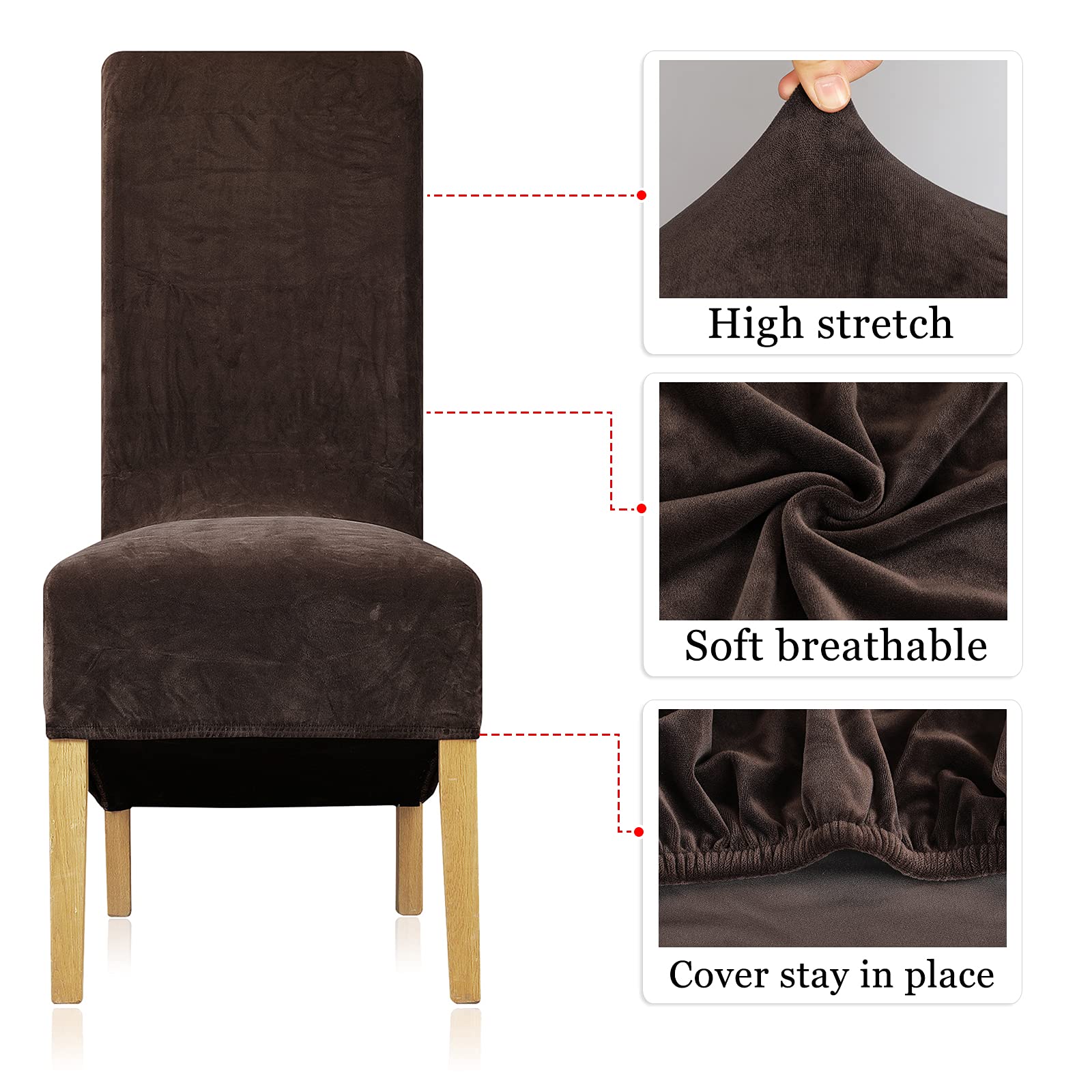 Leorate XL Chair Covers Stretch Velvet Chair Slipcover Roll Top High Back Chair Protector for Dining Room Wedding Party Restaurant Dark Coffee Pack of 4 - Image 4
