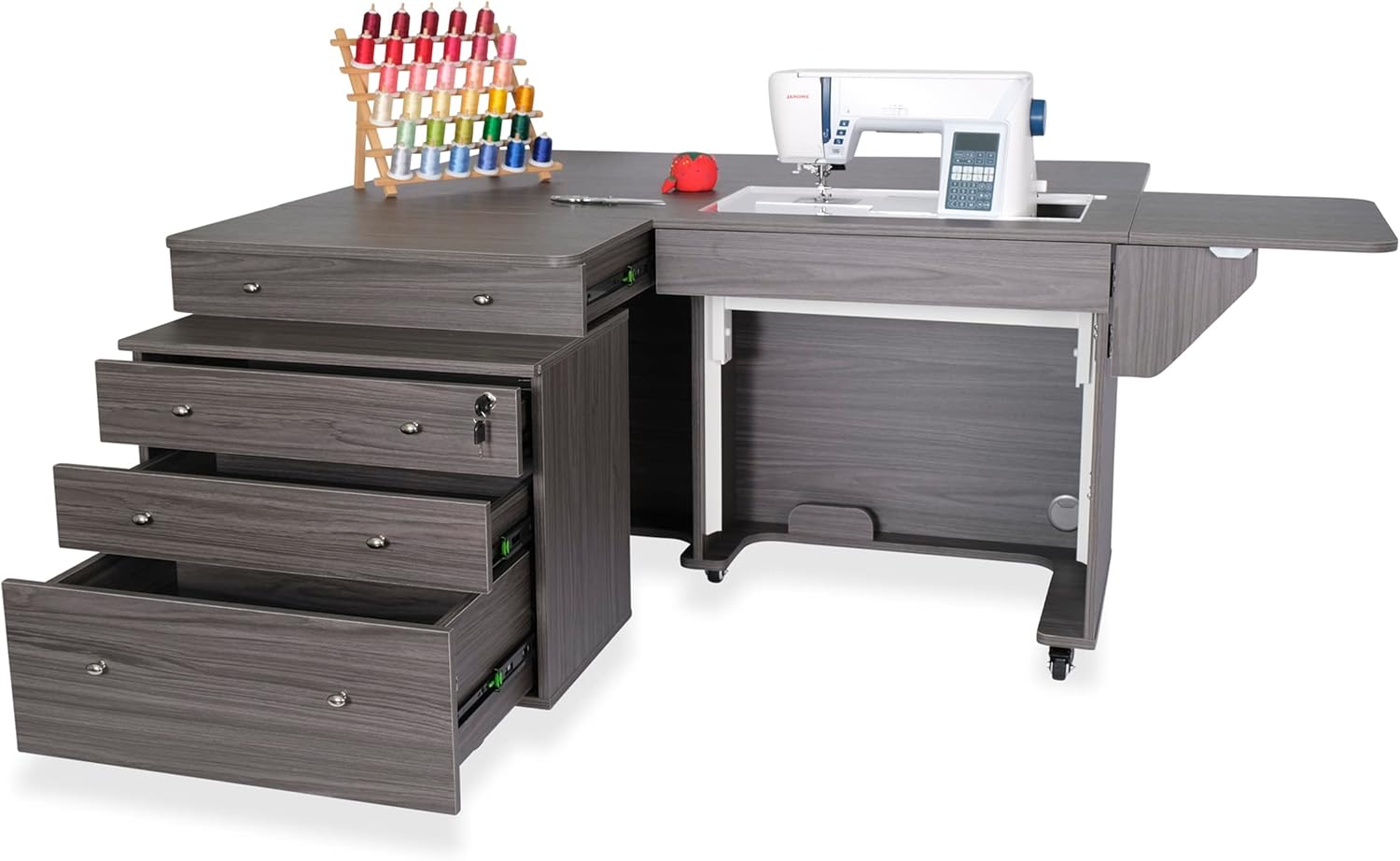 Gray Hydraulic Lift Sewing Cabinet with Rolling Storage Caddy
