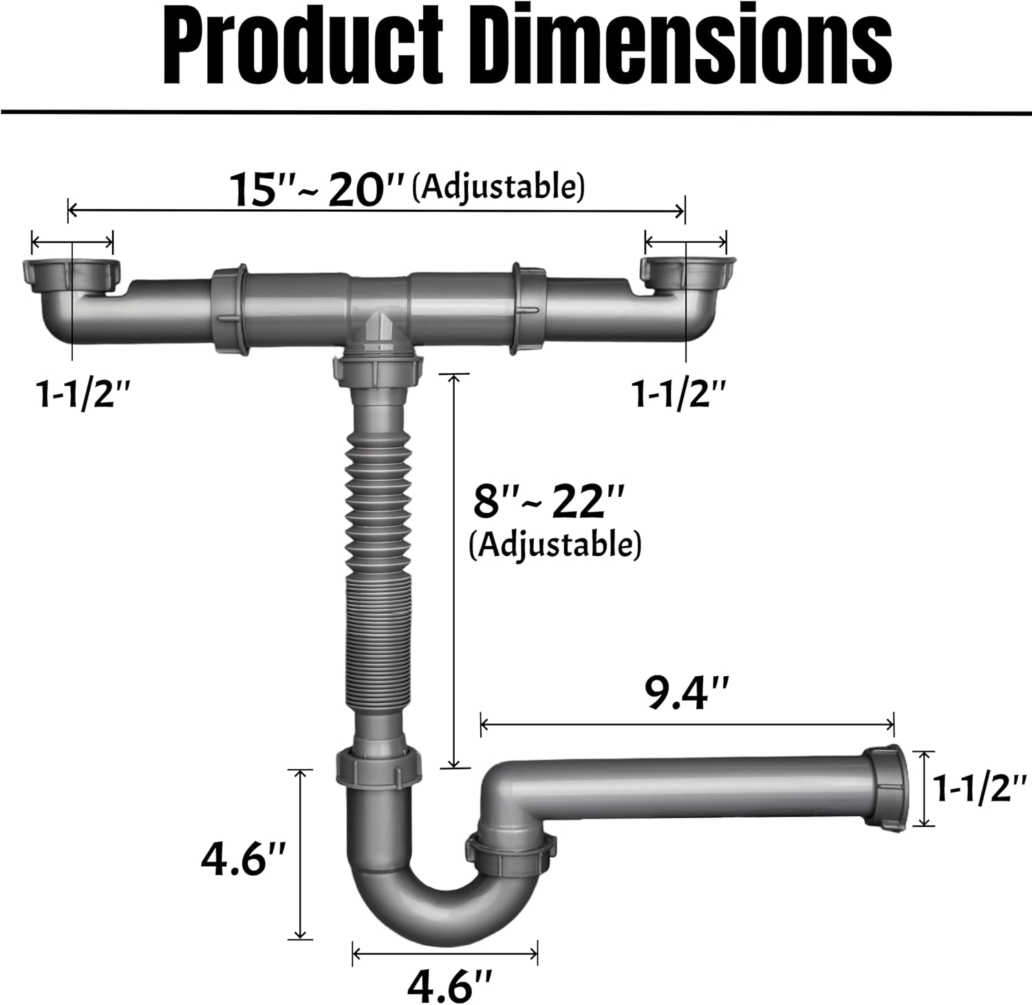 1-1/2" Double Kitchen Sink Drain Pipe kit, Expandable and Flexible P-Trap, Wall-Outlet, Completed Sink Pipe Replacement Kit