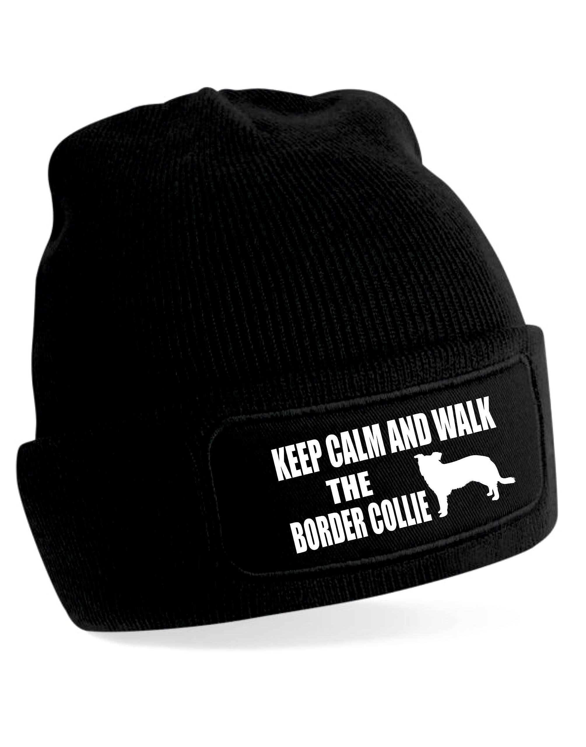 Print4u Women's Black Keep Calm & Walk Border Collie Beanie Hat Dog Lovers For Men &