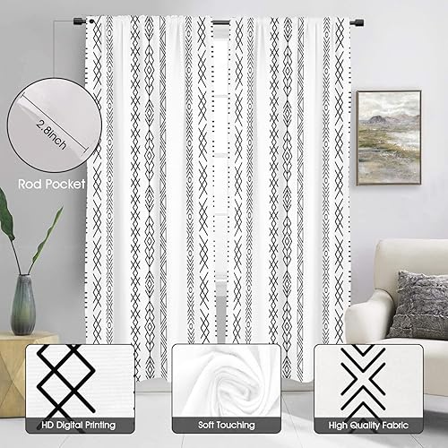 Miniatura 2 de Juego de 2 paneles de cortinas bohemias con diseño geométrico de rayas blancas y negras para ventana, estilo rústico de mediados de siglo, estilo