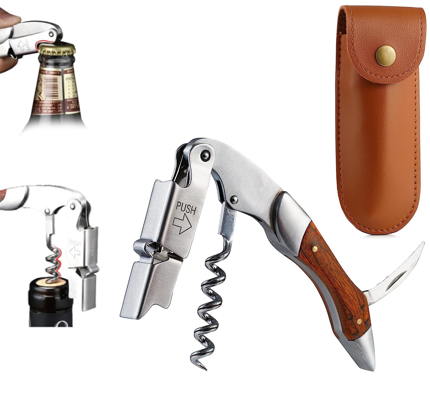 Azonee Waiter's Corkscrew with Vegan Leather Sheath Professional Grade, Patented Spring Lever Easy Opening, Foil Cutter, Bottle Opener