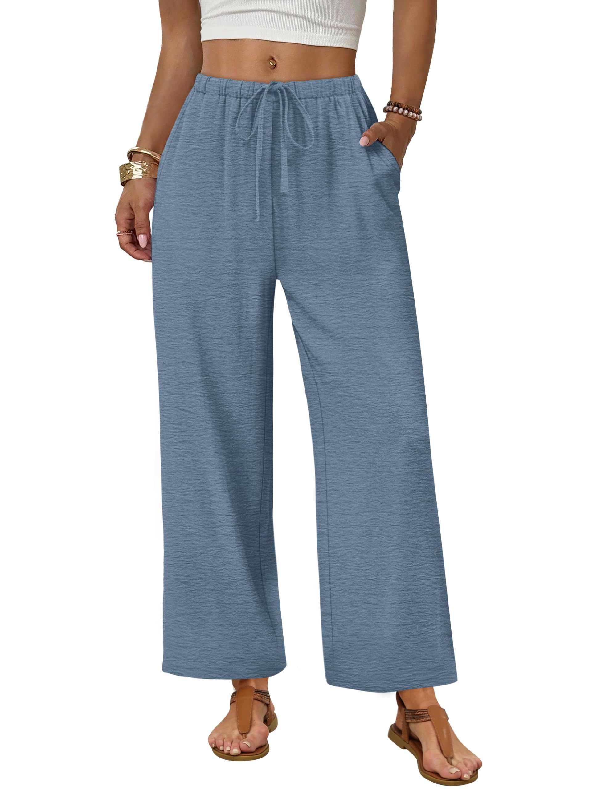Sampeel Wide Leg Pants Women Casual Palazzo Drawstring Elastic Waist Trousers with Pockets Summer Beach Vacation Clothes — view 6