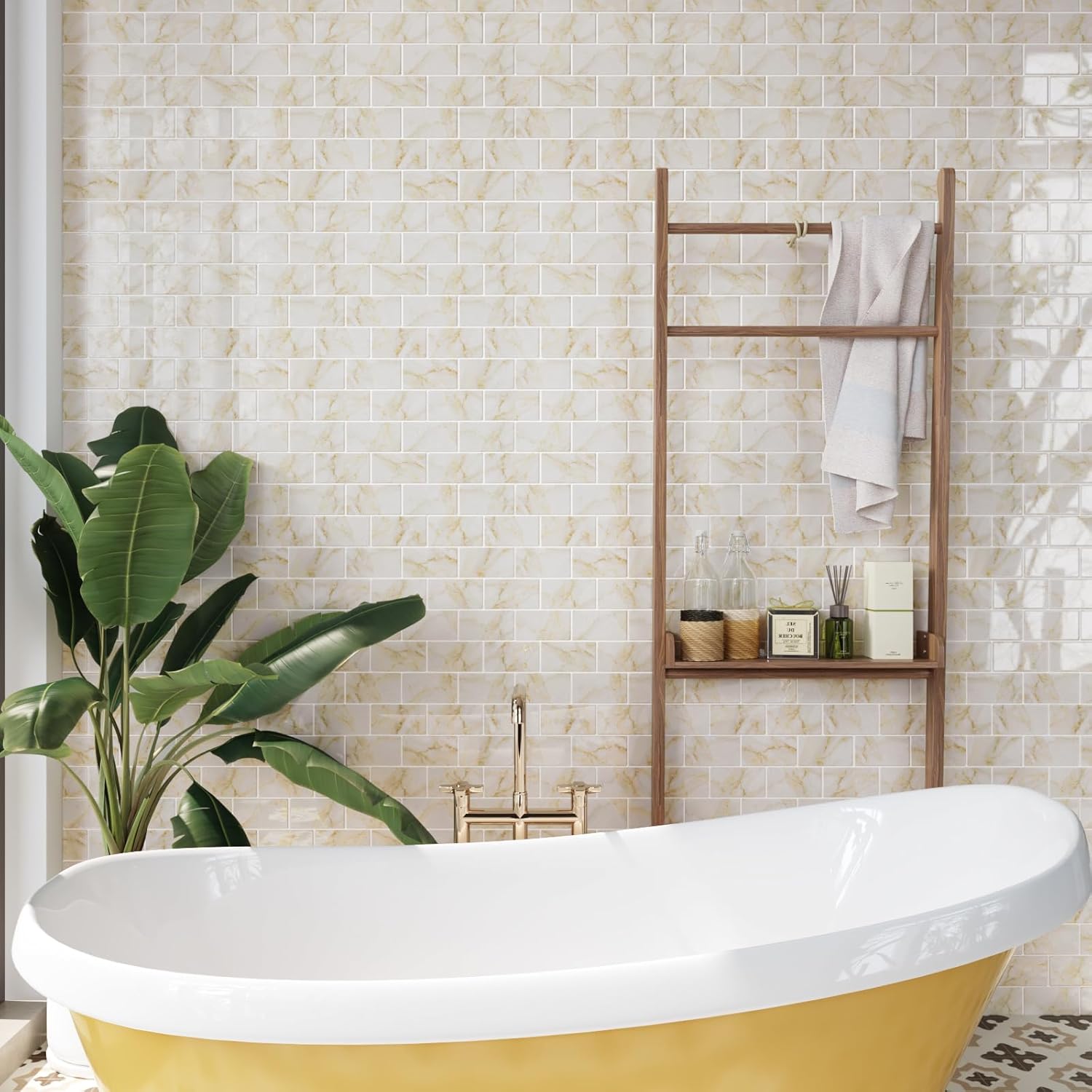 CRE8TIVE 16 Sheets Peel and Stick Backsplash Tile for Kitchen 12"x12" Yellow Marble Subway Tile Back Splash Stick on Tiles Self Adhesive Wall Tiles 3D Tile Stickers for Kitchen Bathroom Fireplace
