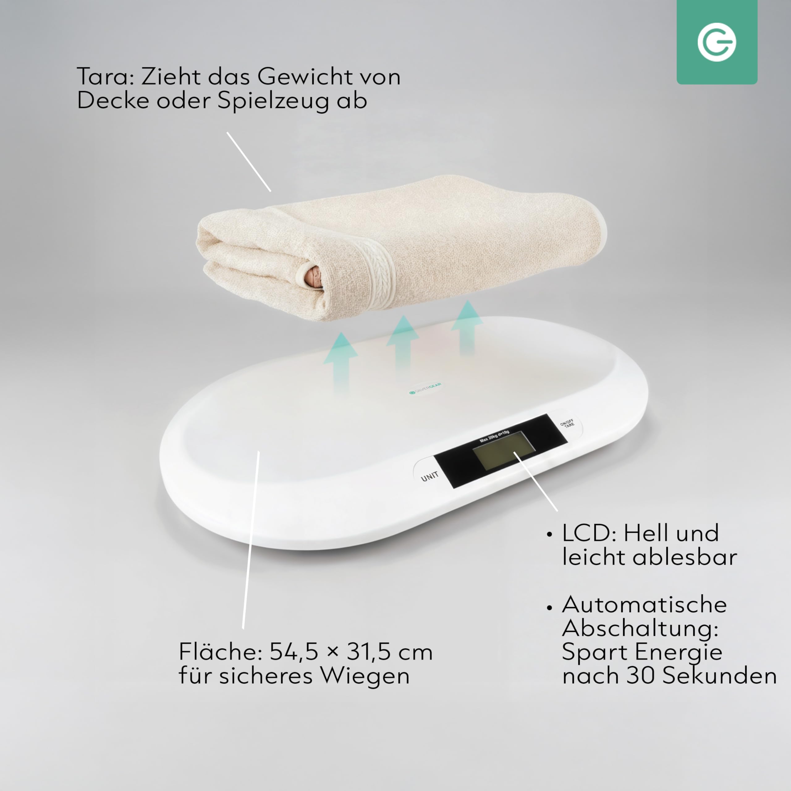 Silvergear® Smart Babywaage mit Bluetooth | Digitale Babywaage mit App für Neugeborene Kinder Haustiere | Präzise Messung bis 20 kg | Smart Life App | 54,5×31,5×2,7cm | Weiß