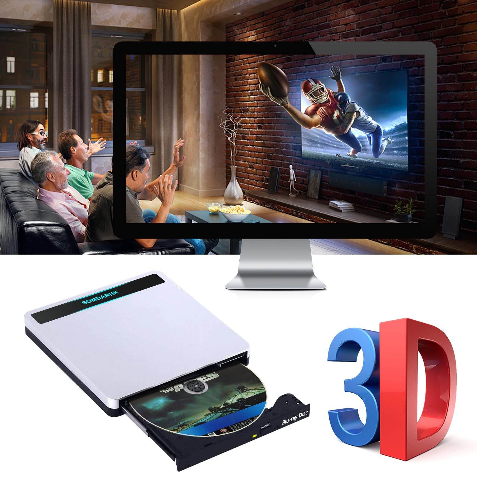 Externes Blu Ray Laufwerk: USB 3.0 Type-C Bluray Laufwerk Extern Mit SD/TF Slot & 2 USB Ports - Tragbare Externer CD/DVD Blu-ray Brenner Kompatibel mit Laptop PC Mac Windows(Silber)