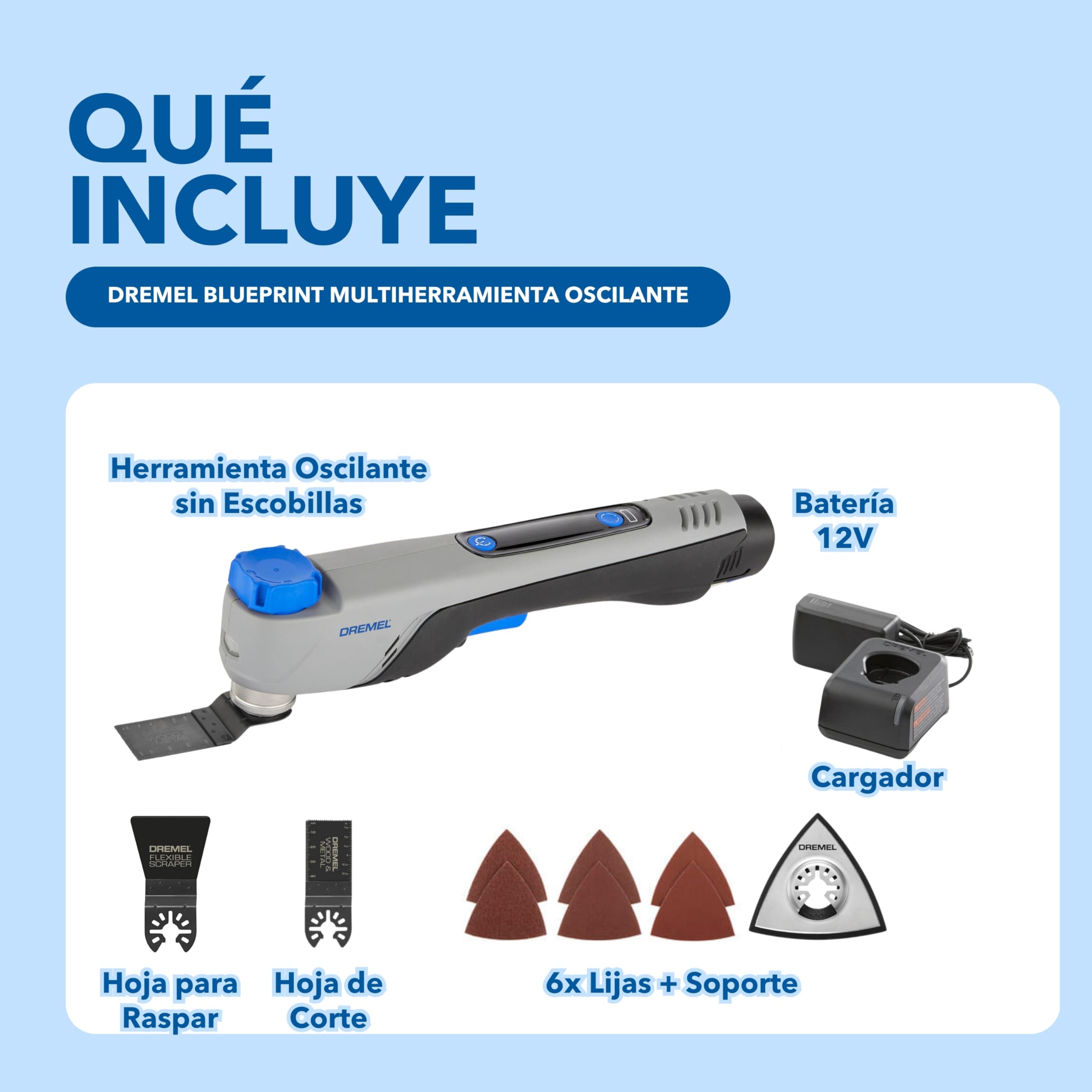 Dremel Blueprint Herramienta 12V Oscilante Multifunción Sin Escobillas con Selector de Aplicación y Velocidad Variable (con hoja de corte y raspado, 6 lijas, almohadilla de lijado, cargador+batería)