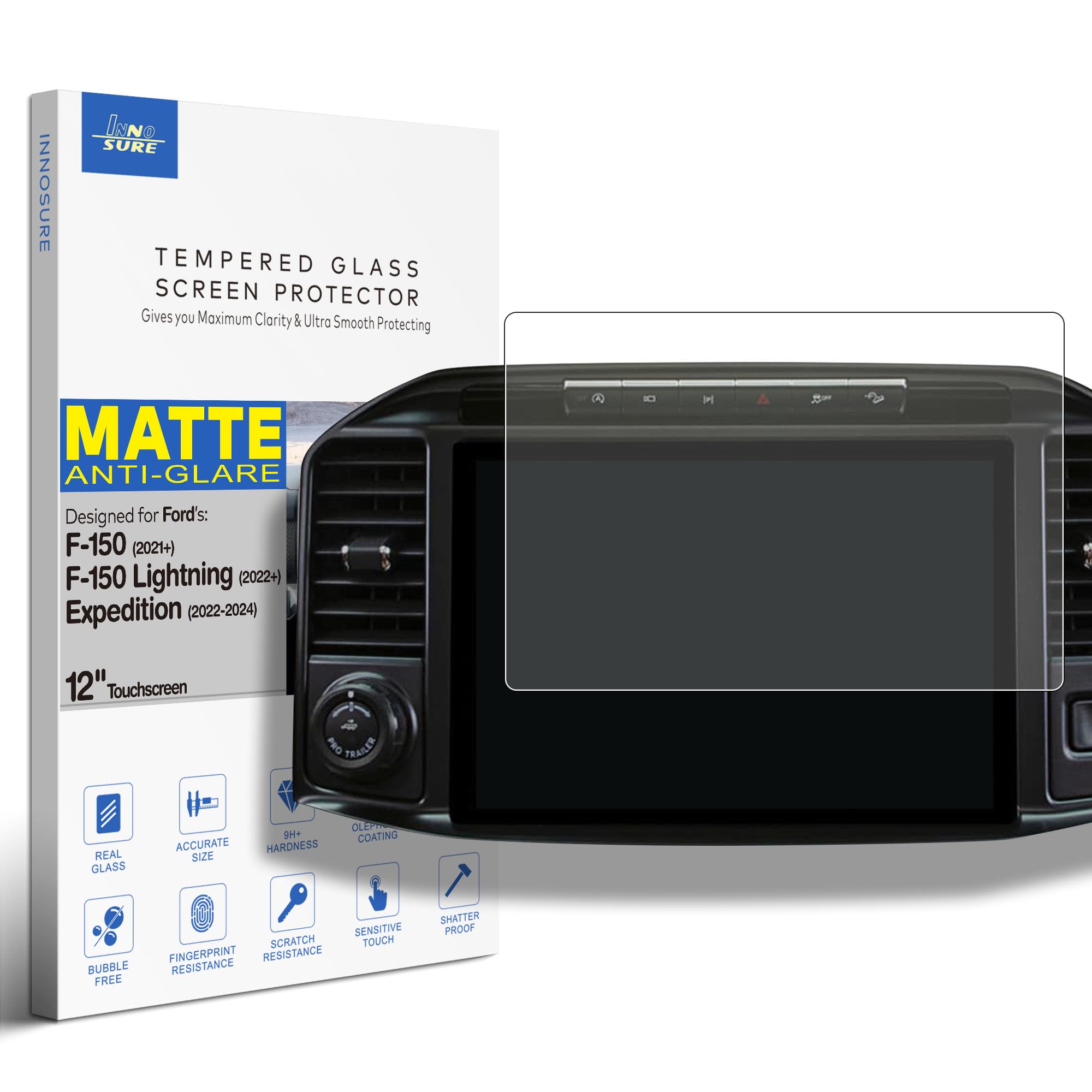 INNOSURE [Anti Glare] Tempered Glass Screen Protector for Ford F-150 (2021-2025), F-150 Lightning (2022-2025), Expedition (2022-2024) Navigator 12