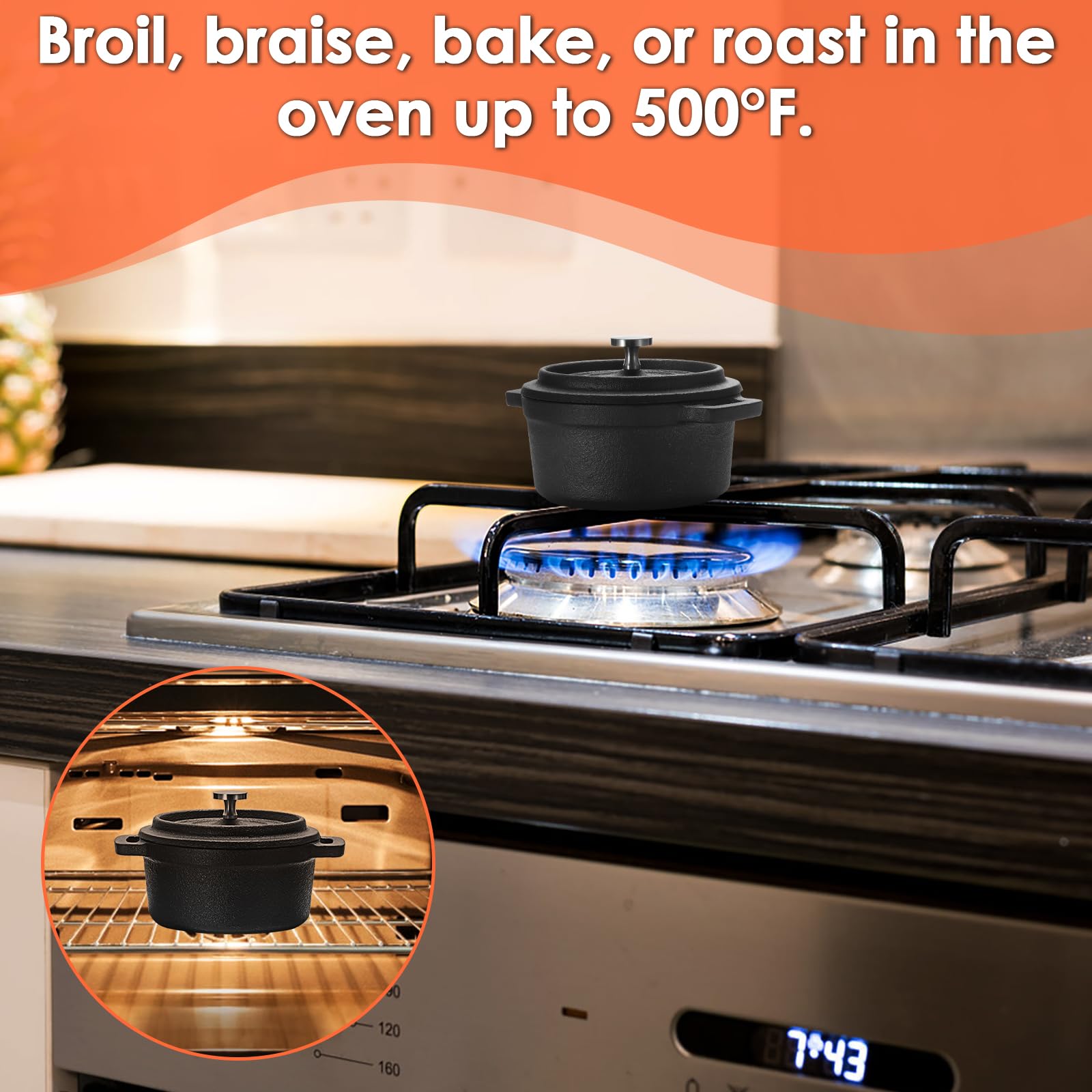 Mini Cocotte - Juego de 3 mini horno holandés con tapas y asas, asador de ajo de hierro fundido con alfombrilla de corcho, apto para estufa, horno (8 onzas) 5