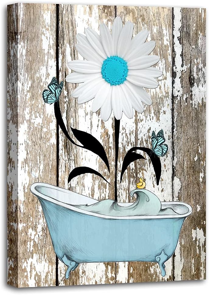 Rustic Blue Bathroom Wall Art White Daisy Flowers in Bathtub Canvas Prints Retro