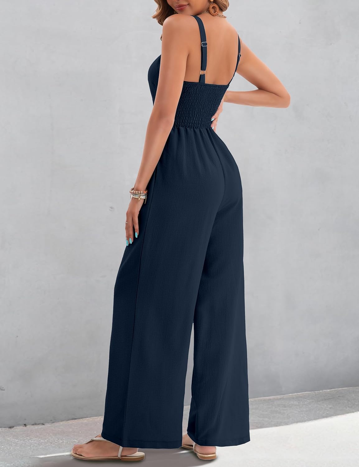 Womens Summer Jumpsuits Dressy Sexy V Neck Twist One Piece Outfits Sleeveless Casual Wide Leg Long Pant Rompers - Image 3