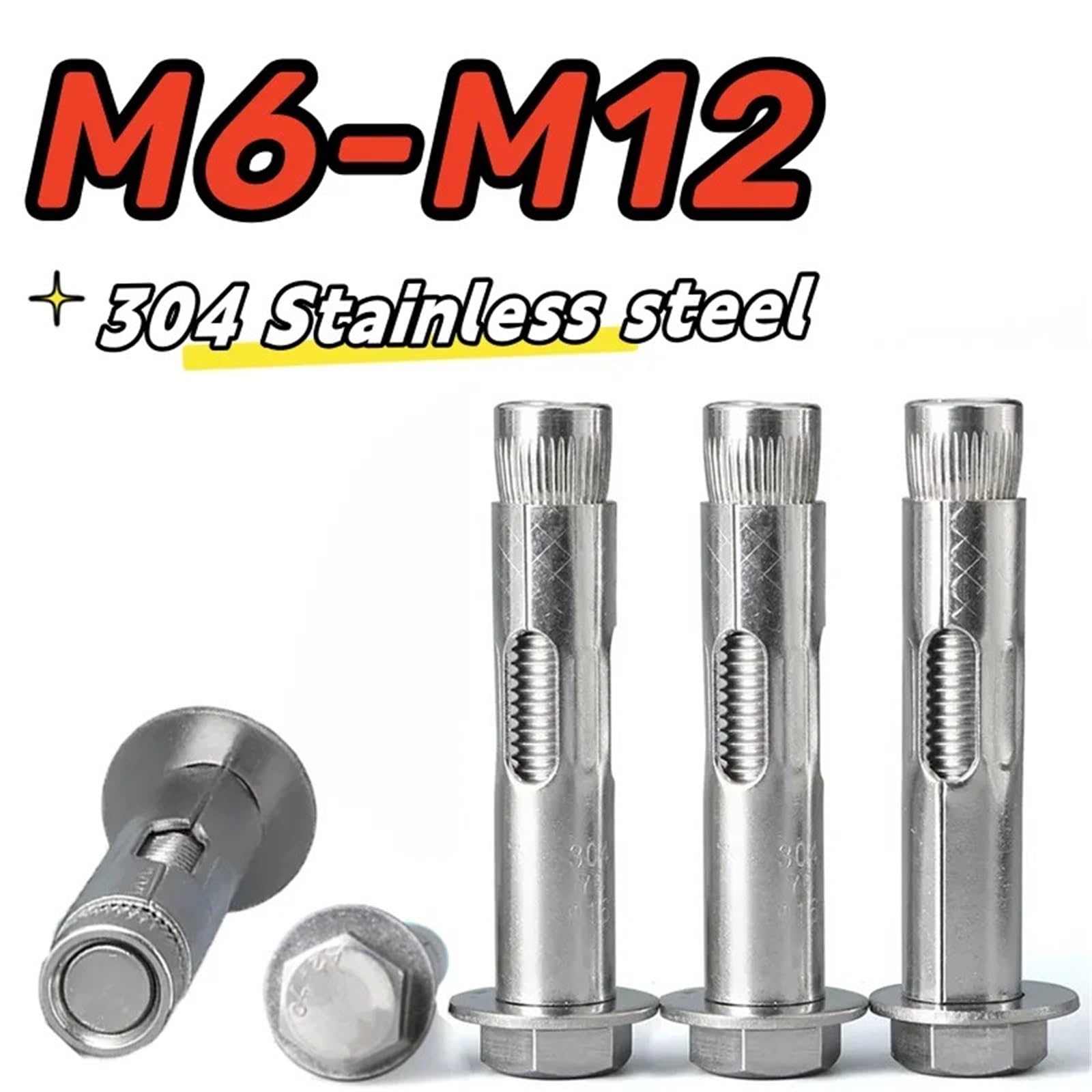 Tacos de expansión Tornillos de expansión hexagonales externos acero inoxidable 304, M6, M8, M10 y M12, con anclaje hormigón pernos tensión integrados, 1-3 unidades(M12x150-1pcs)