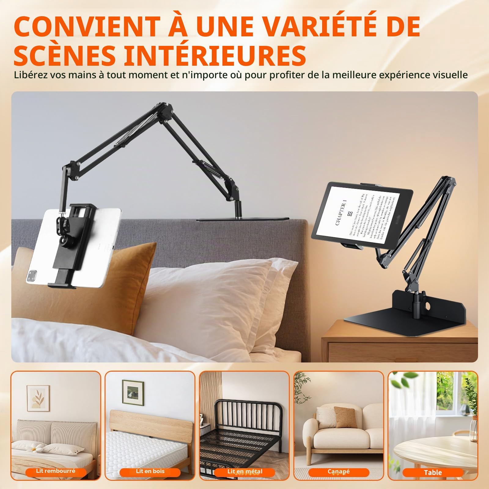 Support de tablette mains libres pour lit avec bras long réglable – Support pliable en métal pour Kindle, tablettes, iPad et téléphone portable, design caché, n'endommage pas les meubles (NB