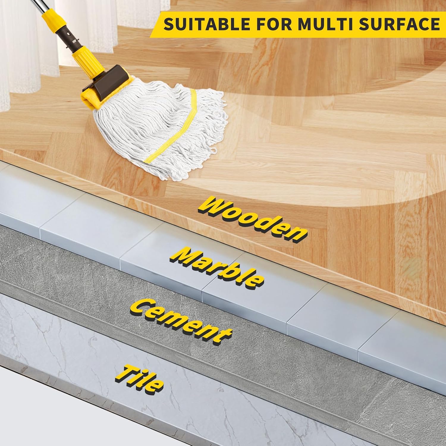 Professional Commercial Mop Industrial Heavy Duty Mop with 54 Long Handle ,Wet Mop for Home,Workshop,Garage Floors Cleaning,with 53'' Stainless Steel Mop Handle,Yellow