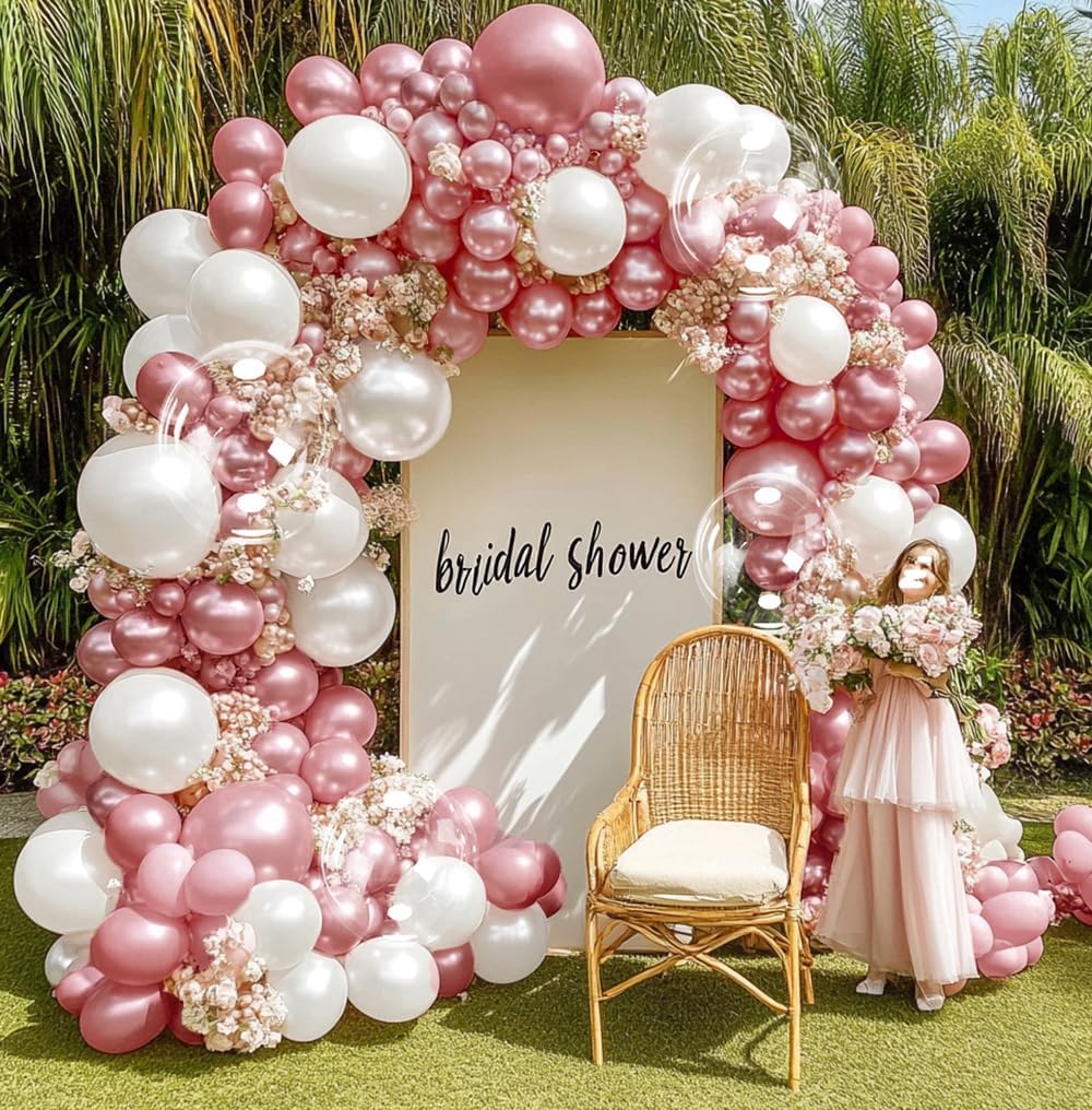 Pearl Pink White Balloon Garland Double Stuffed Rose Pink White Balloon Arch Kit Different Sizes With Clear Bobo Balloon for Birthday Baby Shower Anniversary Wedding Party decor