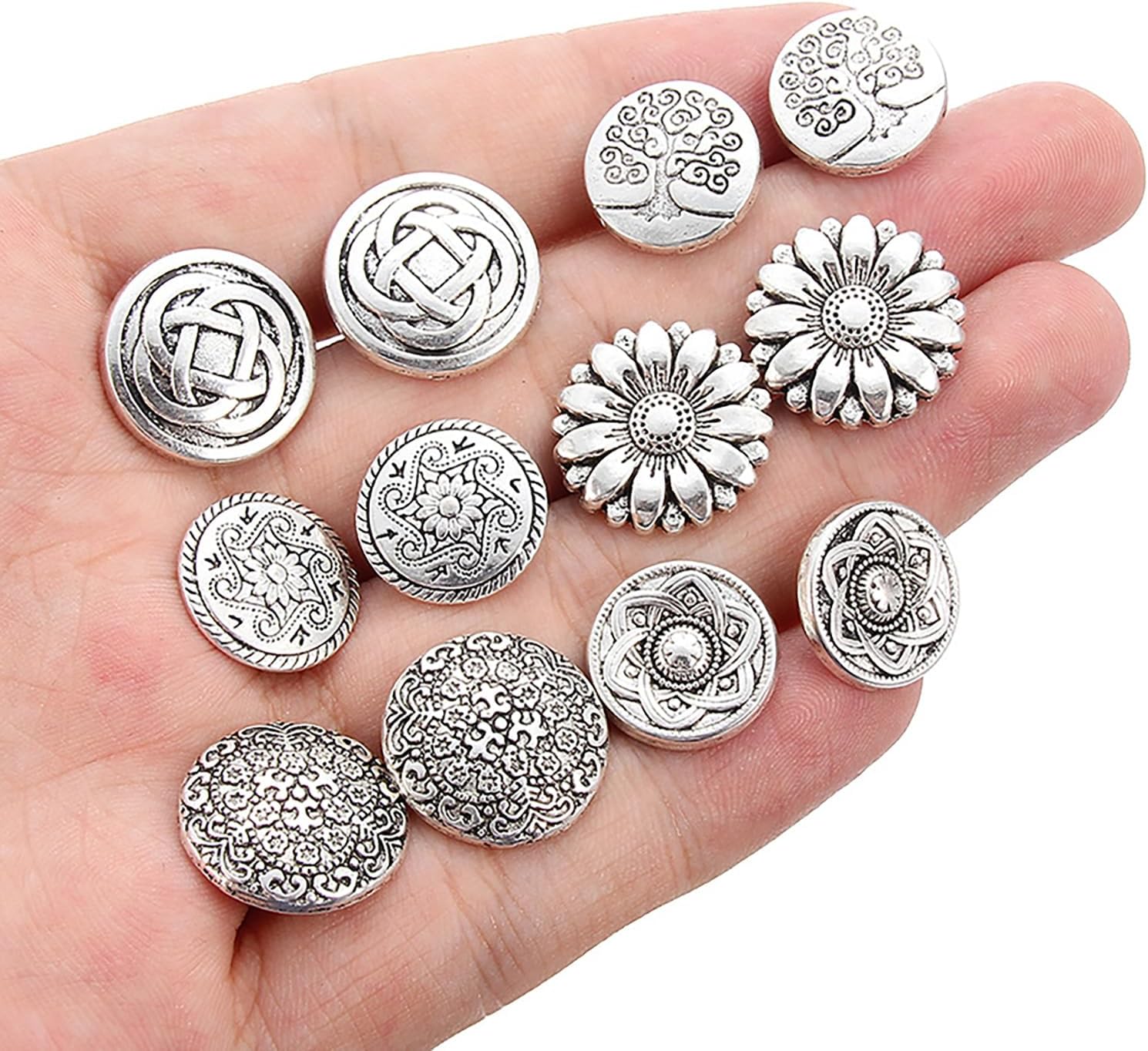 5pcs Antique Silver Round Metal Buttons Vintage Jewelry Accessory with Tree of Life & Flower Carvings image 2