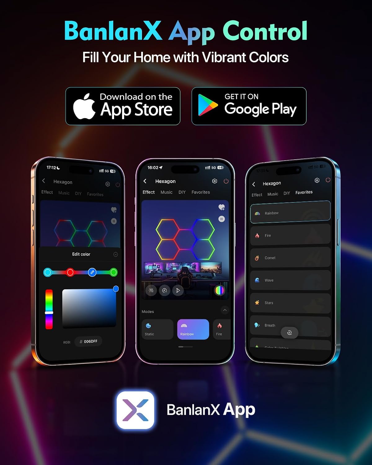 Hexagon Lights, 11-Hex RGB, App Control, Dynamic Lighting Effects | 11-Hexagonal Garage Lights with DIY Lighting Effects and Music Mode for Gyms and Gaming Setups with Vibrant Colors thumbnail