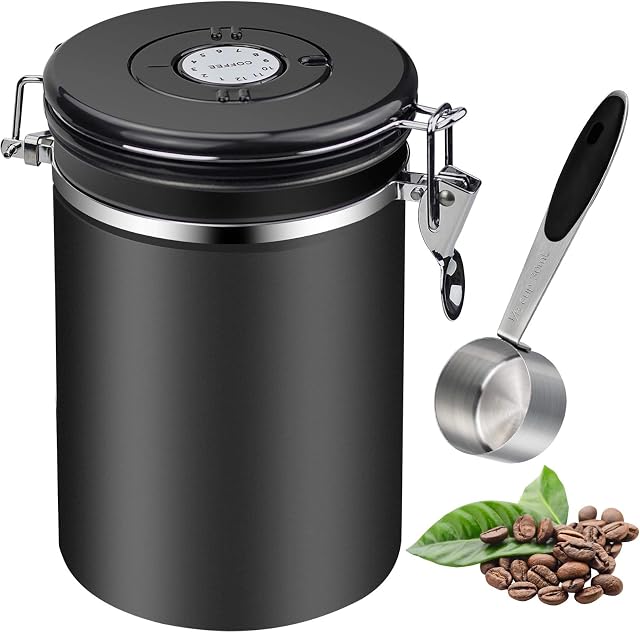 Airtight Coffee Container, 1800 ml Stainless Steel Coffee Bean Storage with Measure Spoon for Storage Coffee Bean Tea Nuts - Black