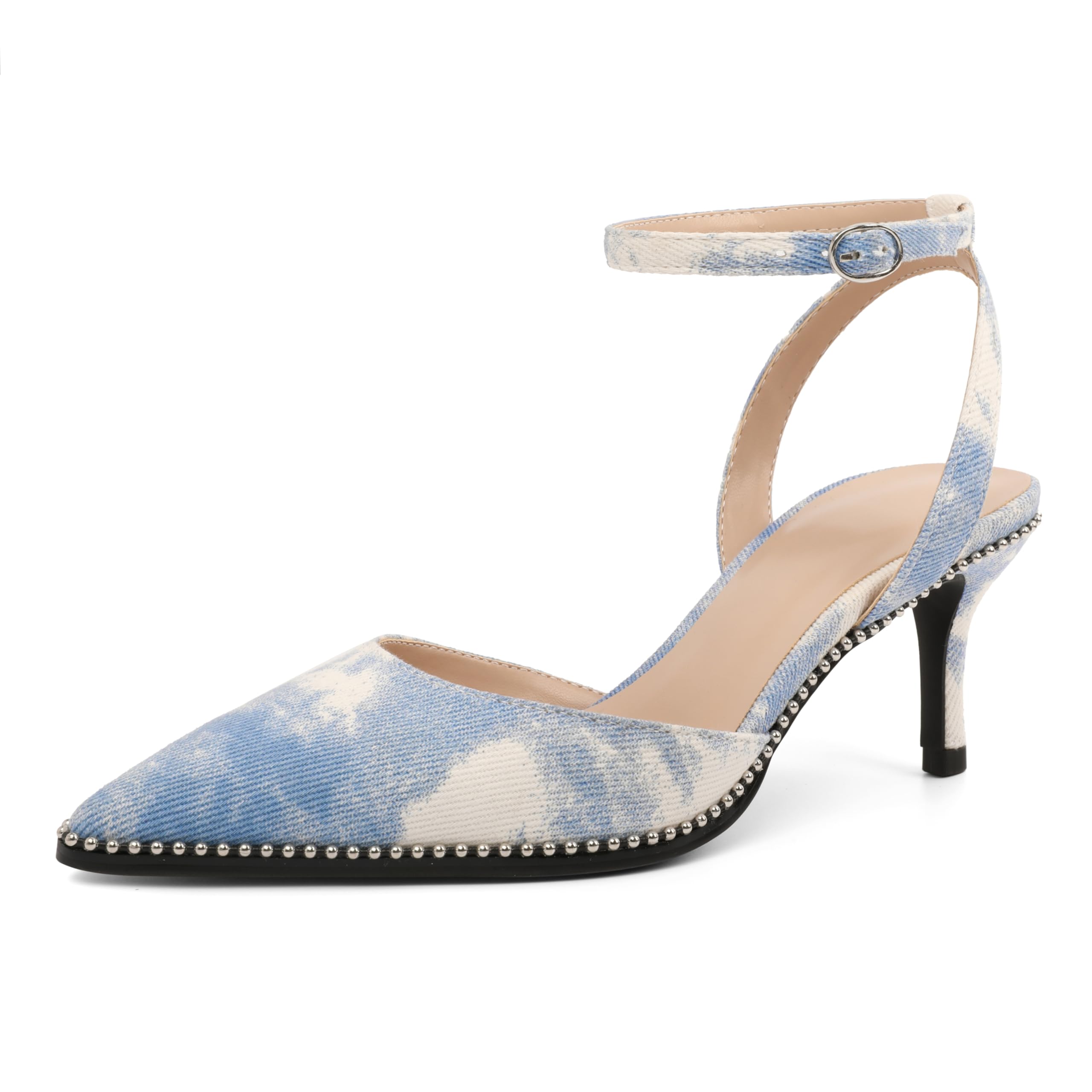 SAMMITOP Kitten Heels for Women Low Heel Closed Toe Ankle Strap Pumps Wedding Party Beaded Dress Shoes 2.4 Inch