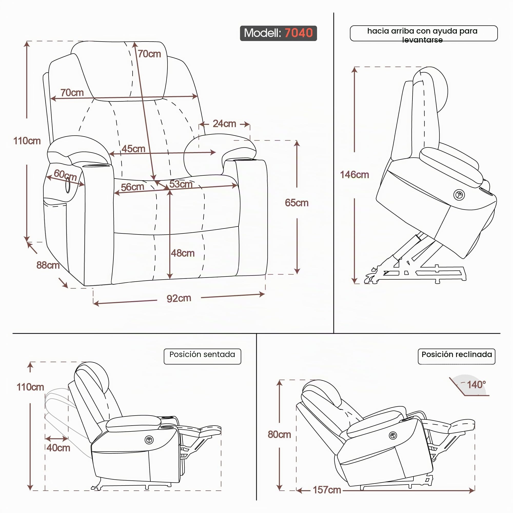 MCombo Sillón eléctrico para levantarse y relajarse, con calefacción, ajustable, conector USB (marrón), color marrón