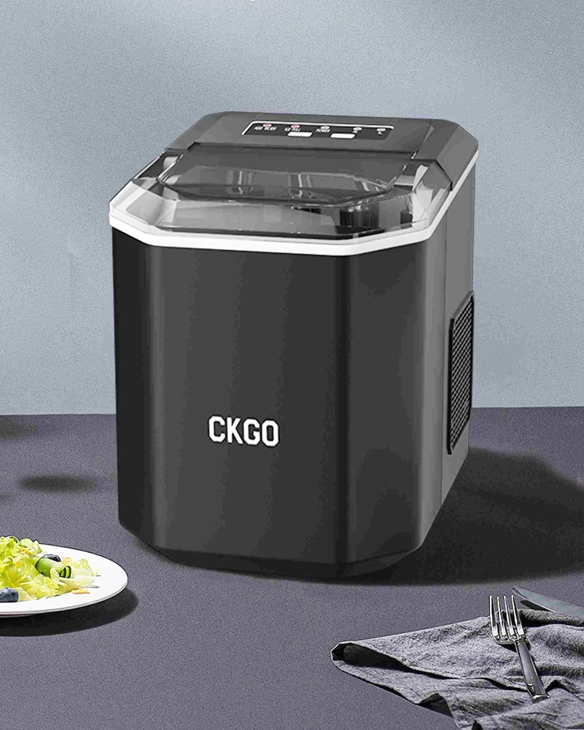 CKGO Portable Ice Maker Machine Making Bullet Ice 9pcs610min Adjustable Cube Size,Tank Storage 1.3L60pcs, Automatic SelfCleaning, Countertop with Ice Scoop for Home, Bars, Coffee Shop Black
