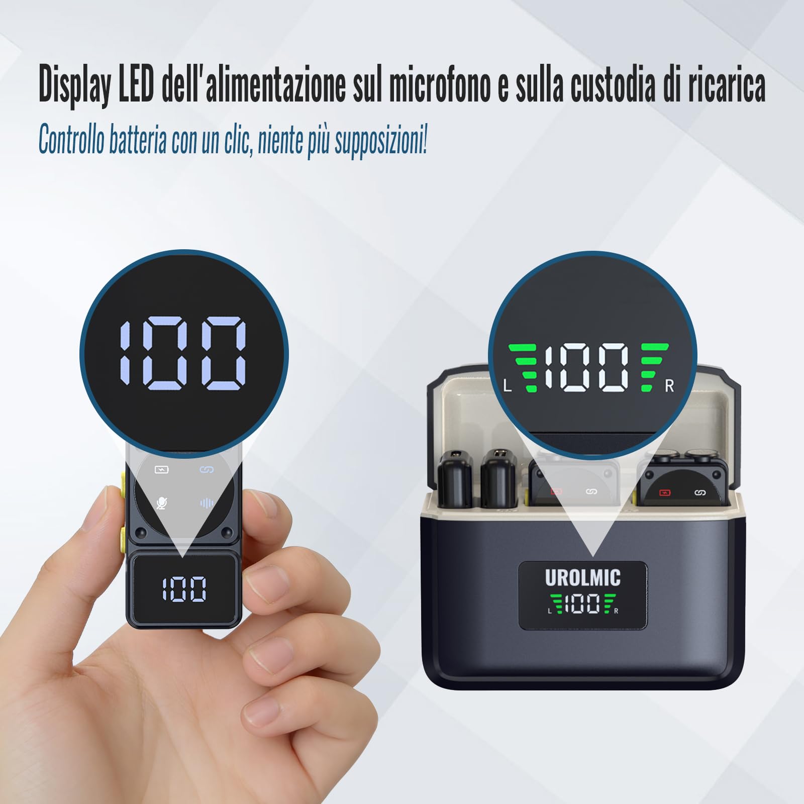 Microfono Lavalier Wireless iOS Android con Riduzione Rumore | 45H Autonomia, Custodia con Display Digitale, Trasmissione 50M per Vlog, TikTok, Streaming e Registrazione