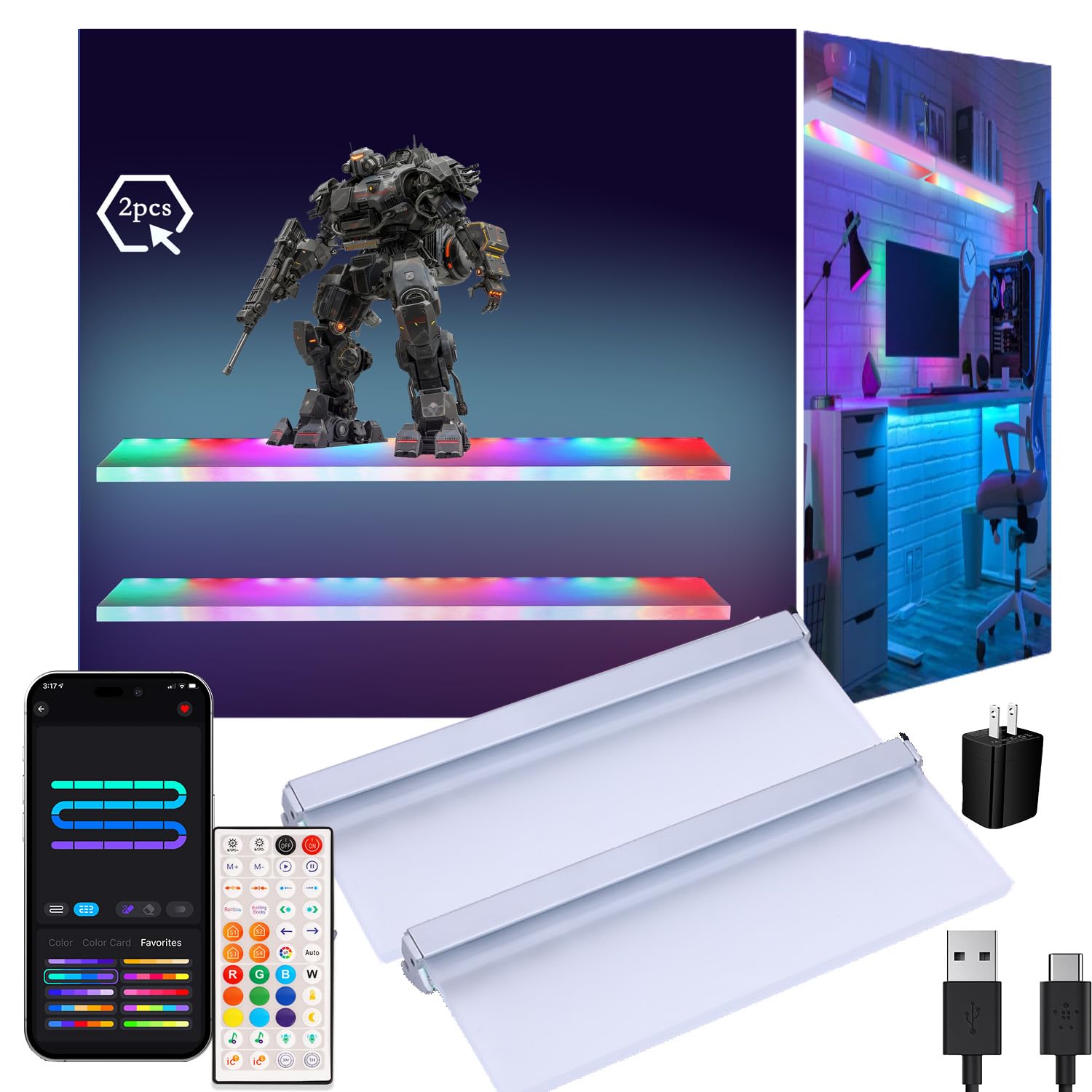 HEDCINLT 2Pack LED Floating Shelf, RGB Floating Shelves Rainbow Light, Bookshelf Wall Ledge Display Organizer Rack Mounted Suitable for Gaming, Living