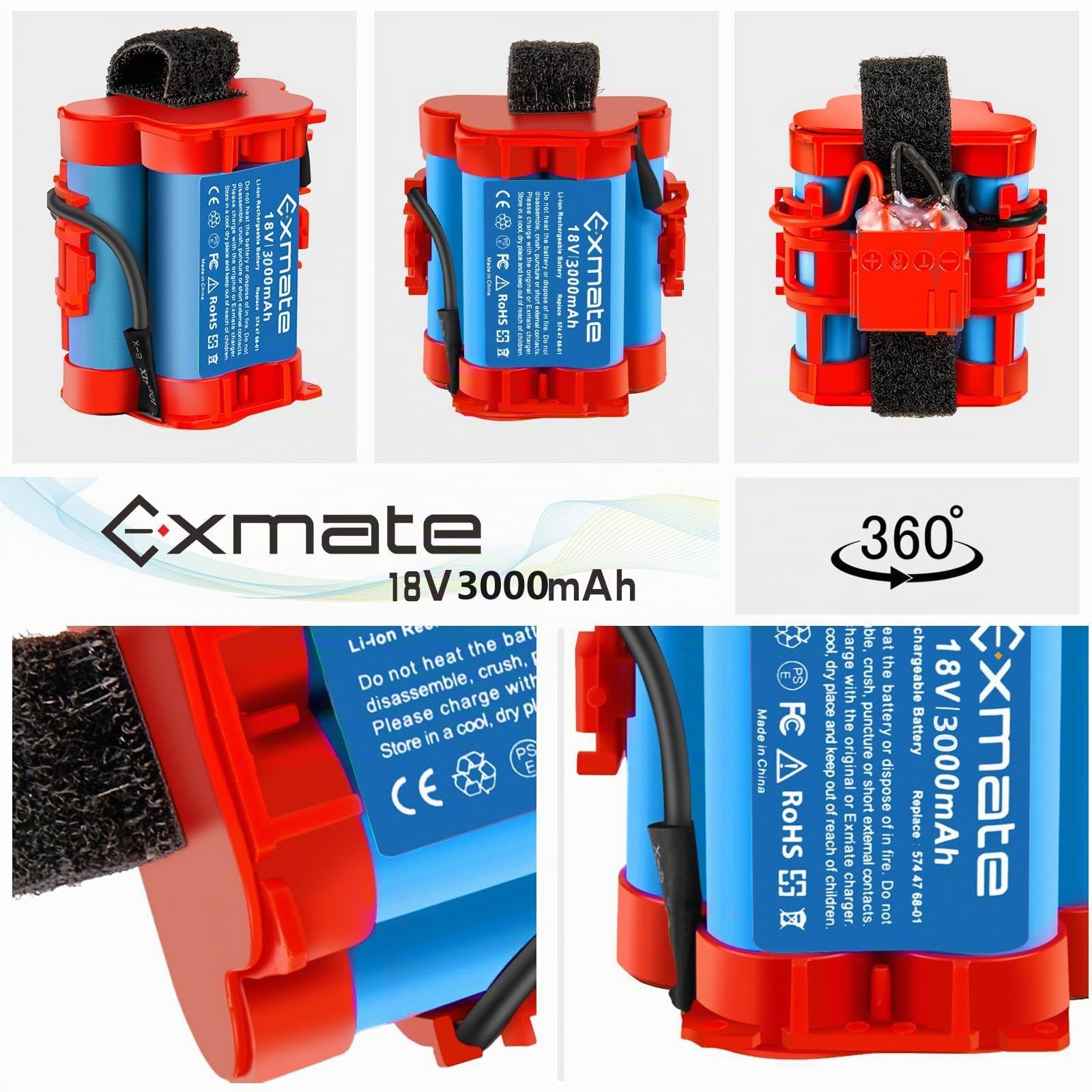 Exmate 18 V 3.0 Ah 574 47 68-01/02/03 586 57 62-02 Batterie Li-ION pour Gardena R38Li R40Li R45Li R50Li R70Li R70Li, Flymo 1200R, Husqvarna Automower 105, 305 308X McCulloch RORO. B R1000 R800.