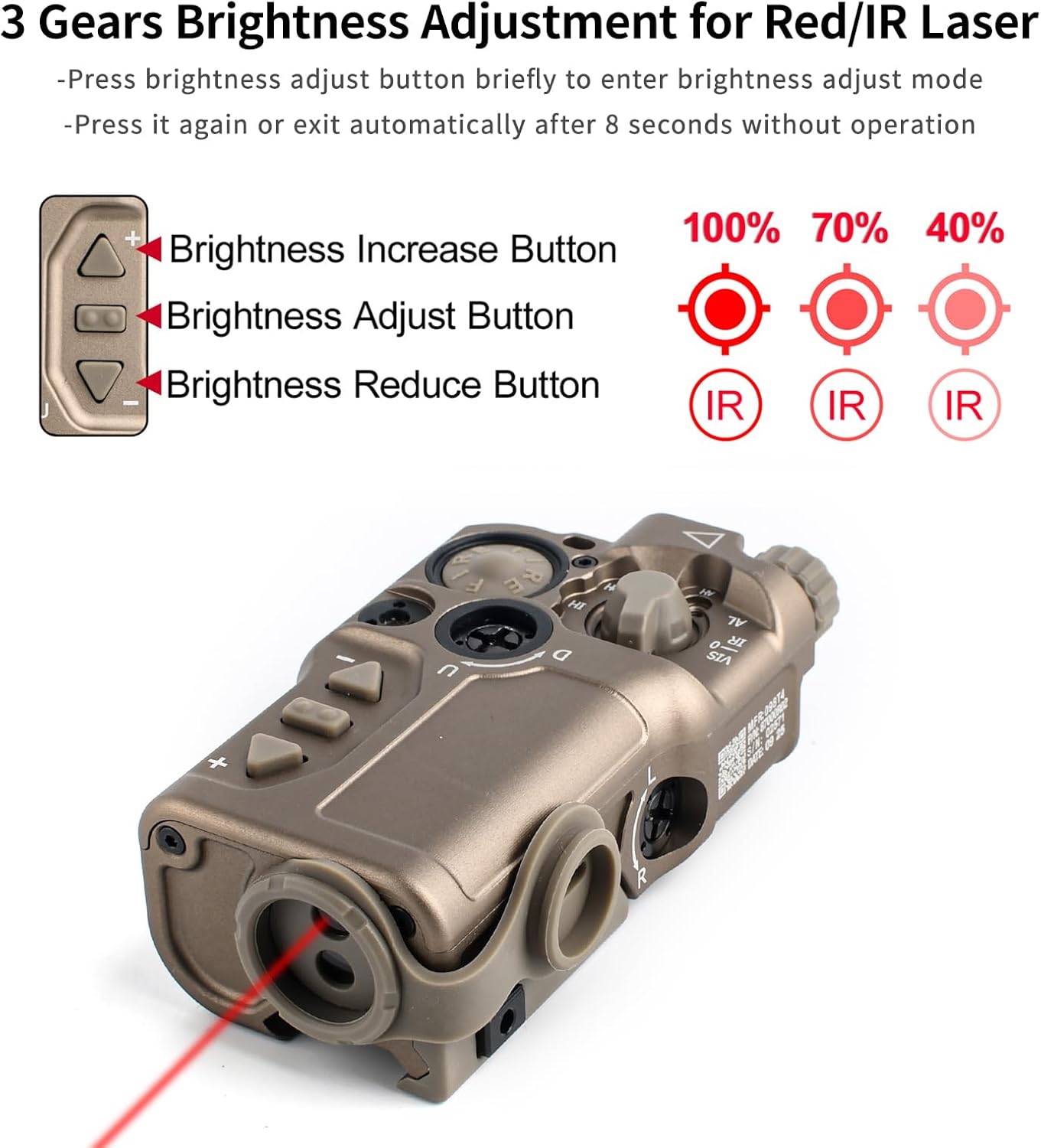 Metal 8 Modes Tactical Airsoft Aiming Laser Sight with Low/High Modes for Red/Green + IR Laser, with Crane Plug Remote Pressure Switch, Fit for 20mm Picatinny Rail