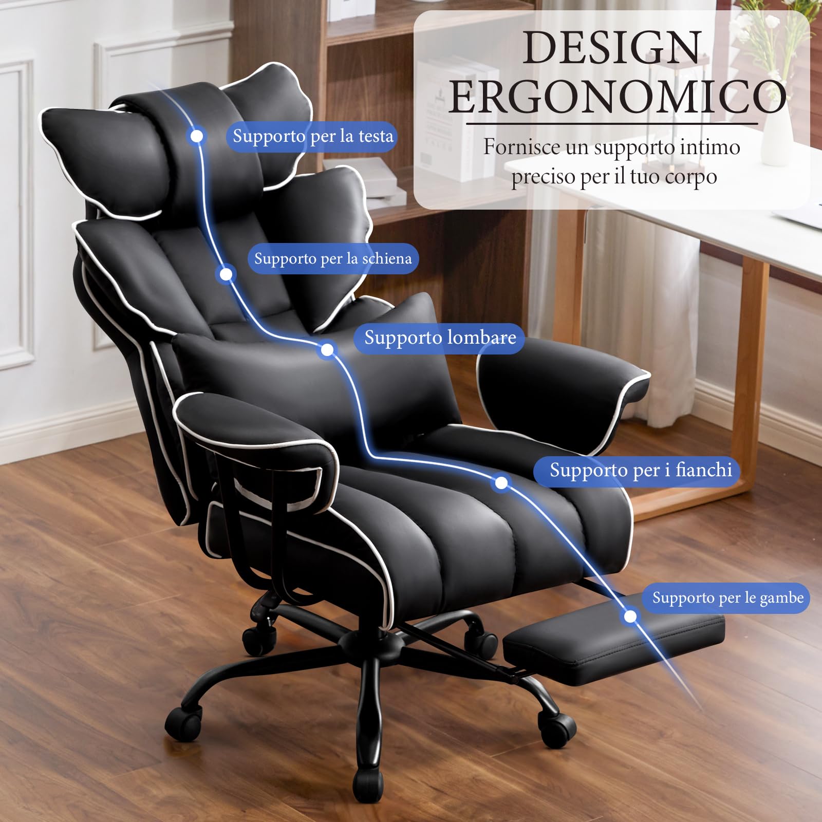 Sedia Ufficio Ergonomica, Poltrona Direzionale in Pelle PU, Sedia Gaming con Poggiapiedi e Supporto Lombare, Sedia da Ufficio Reclinabile Girevoli Altezza Regolabile 200kg (Nero)