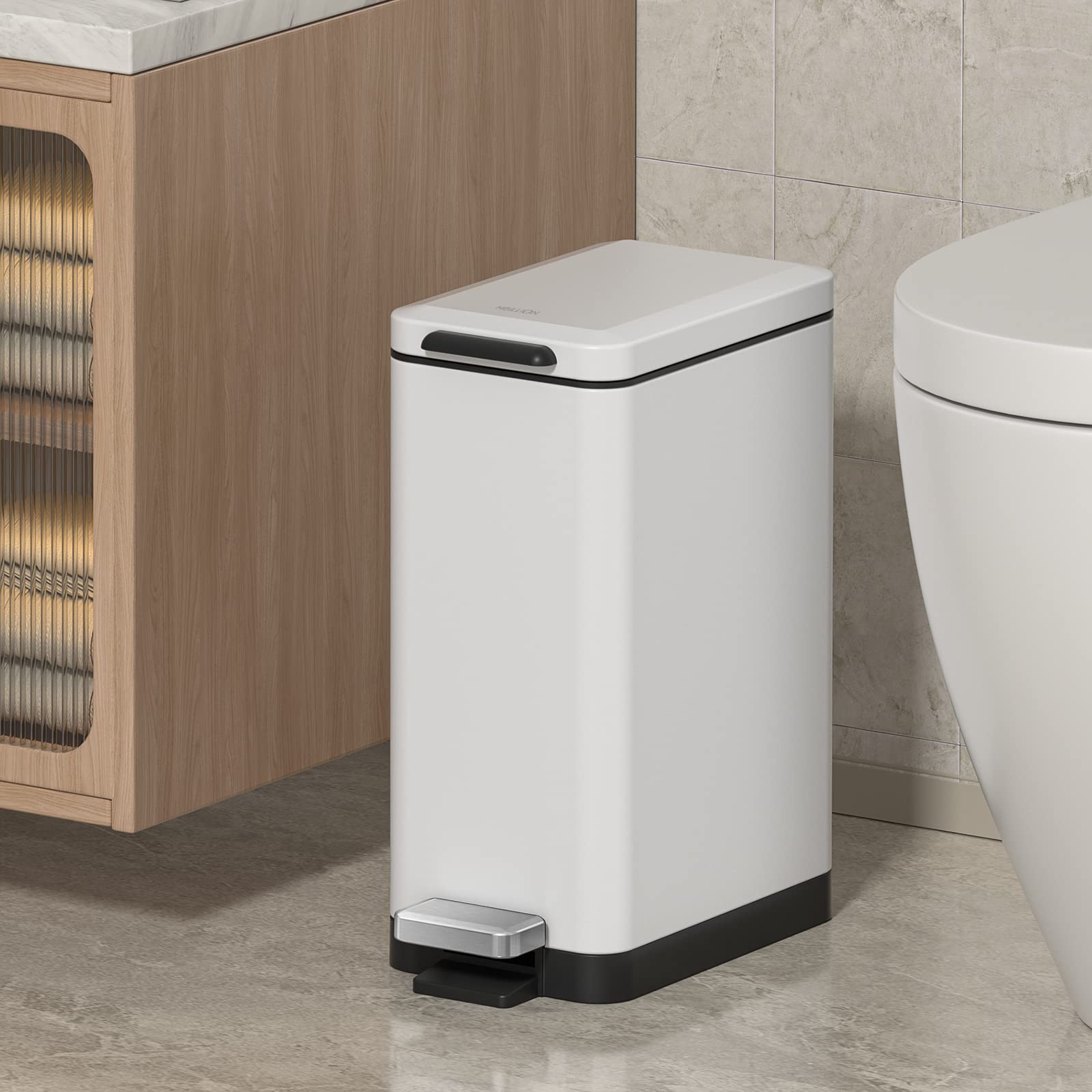 Mbillion Mülleimer Bad 10 Liter Slim Design Treteimer mit starkem Pedal, Edelstahl Rechteckiger Mülleimer Weiß | Rechteckiger Abfalleimer mit Deckel und Trittpedal, Edelstahl, schmale Passform, für Badezimmer, WC, Schlafzimmer und Büro