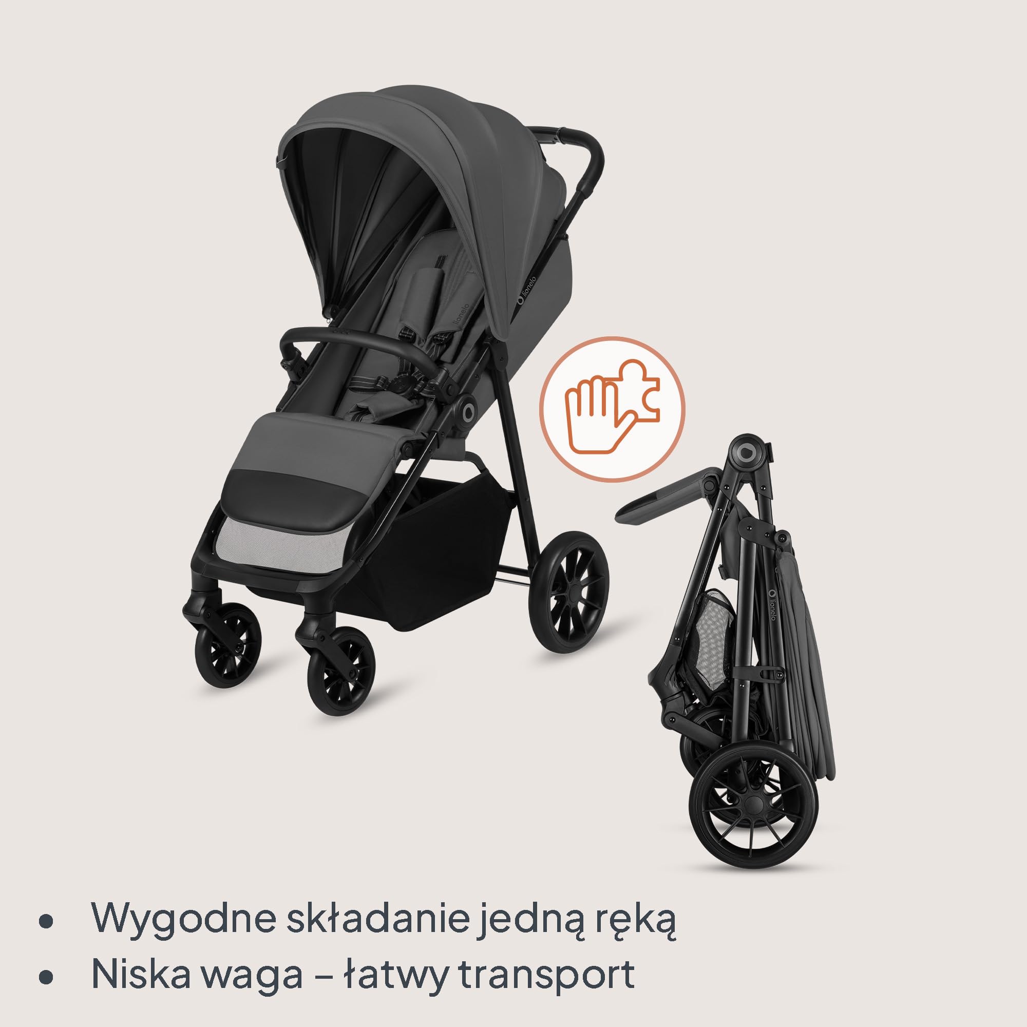 Lionelo Emerald Buggy do 22 kg, 6 miesięcy – 4 lata, koła EVA 360° ze sprężyną, składane jedną ręką, powierzchnia do leżenia 91 cm z regulowanym oparciem, wodoszczelny daszek UPF50+, duży koszyk na