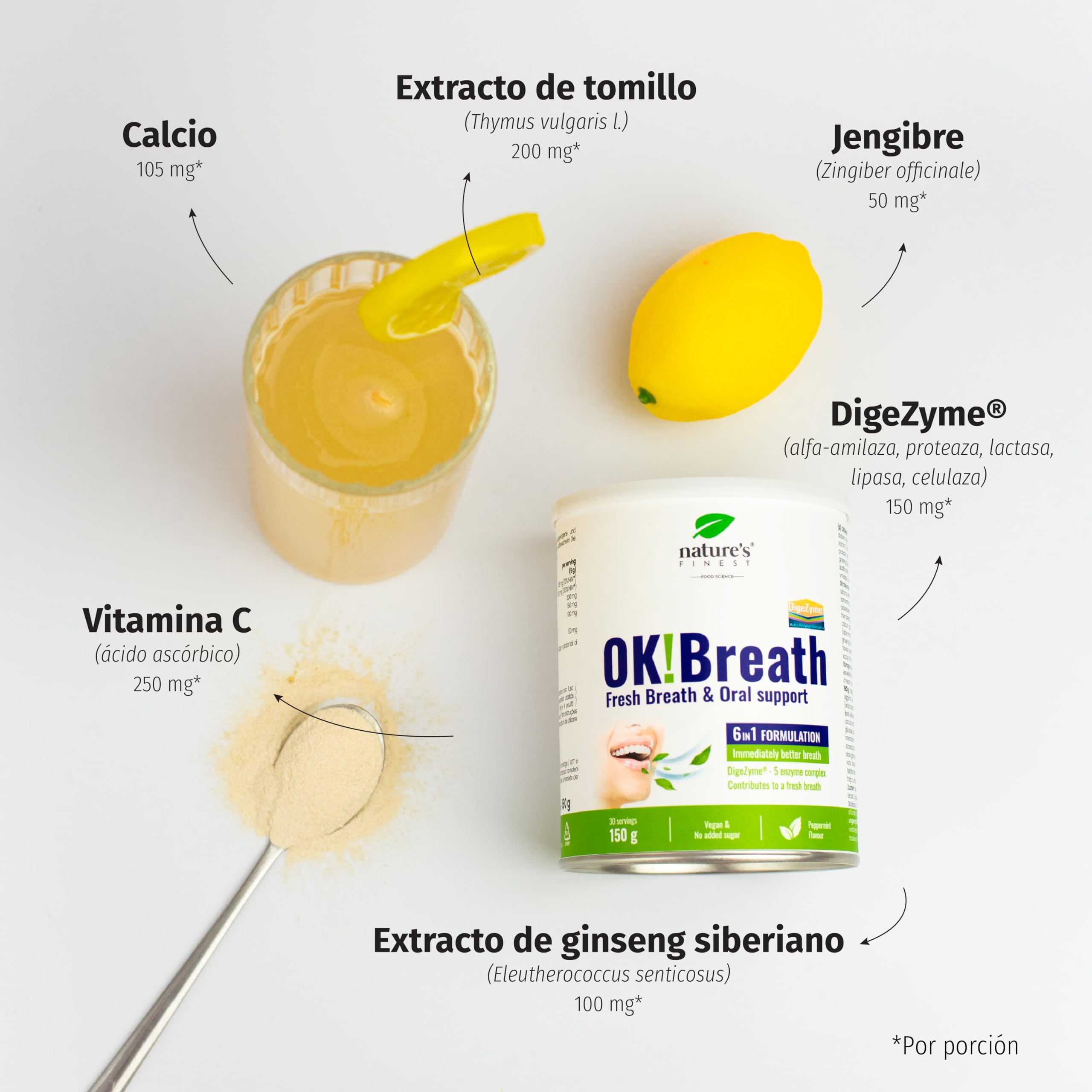 Nature's Finest OK!Breath, Bebida en Polvo 300 g (Paquete de 2) | bebida en polvo 6 en 1 con tomillo, DigeZyme, ginseng siberiano, jengibre, calcio y vitamina C - sabor limón y menta