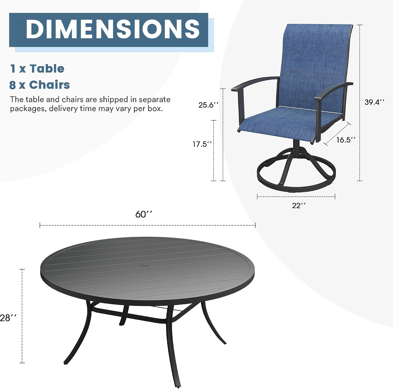 DIFY 9 Pieces Outdoor Dining Set for 8, 60" Black Round Metal Table with Umbrella Hole and Blue Textilene Swivel Patio Chairs, Patio Table and Chairs Set for Garden, Backyard, Poolside