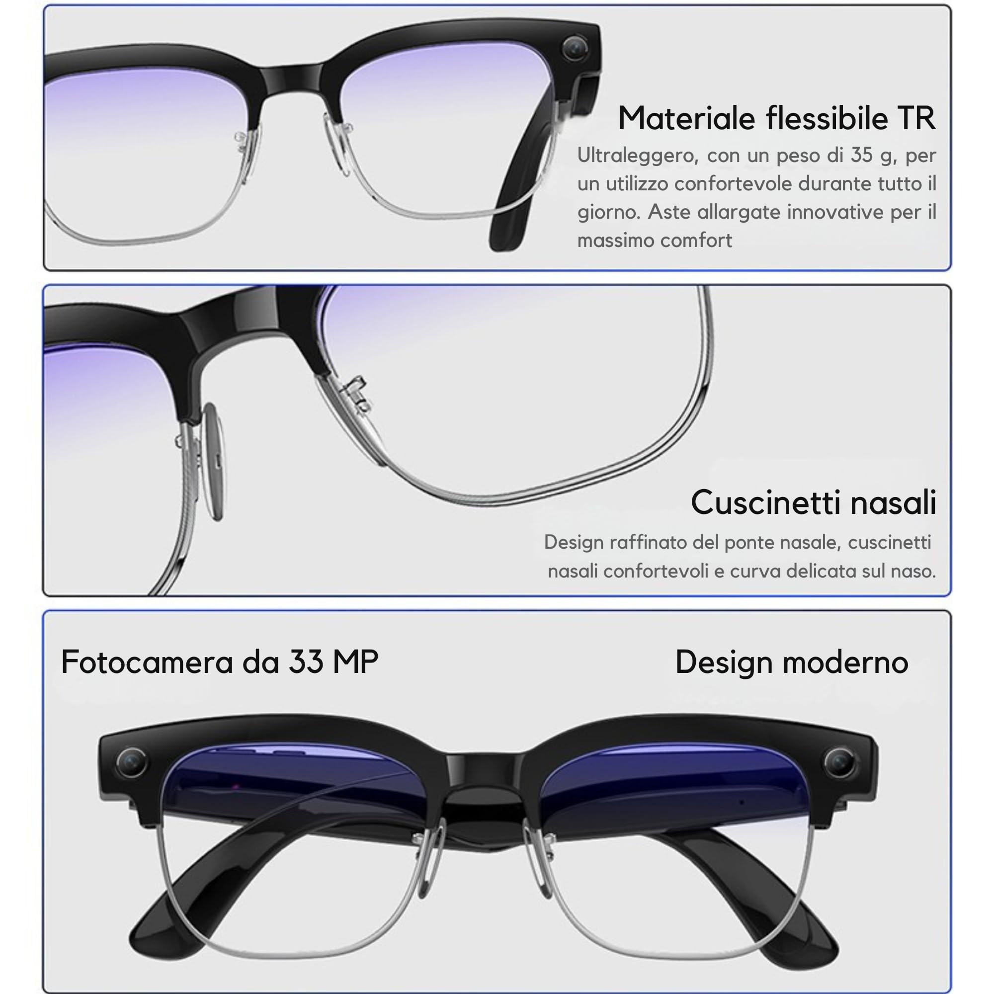 smartia – Occhiali Intelligenti con Fotocamera, Modello 2026, App in Italiano, Occhiali Bluetooth Suono Hi-Fi, IA GPT 5 integrata da Voice, Glasses Fotocromatici, Fotocamera da 33 MP 4K