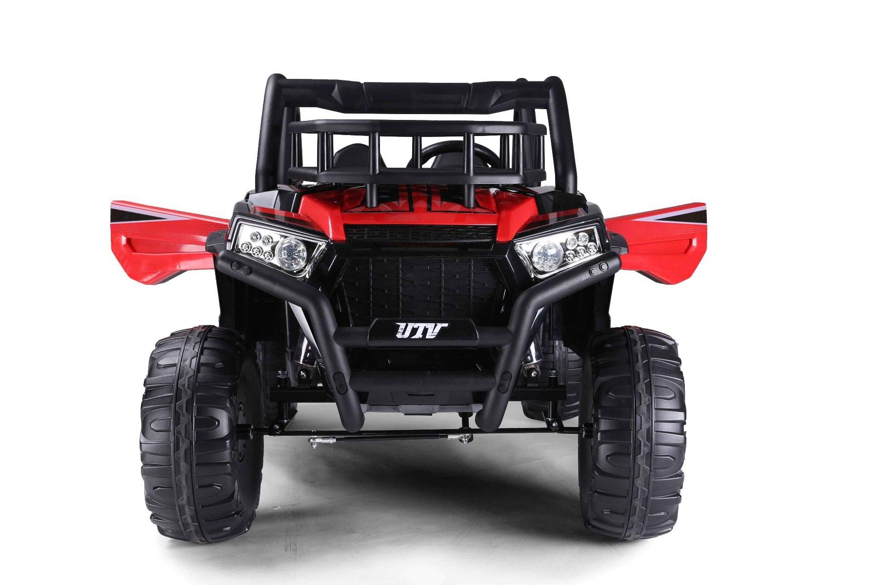 RIRICAR Samochód elektryczny dla dzieci 24 V UTV, czerwony, elektryczny wózek dla dzieci, 2-osobowy z pilotem zdalnego sterowania 2,4 GHz, 2 x silnik 200 W, koła EVA, wyściełane siedzisko, USB, karta
