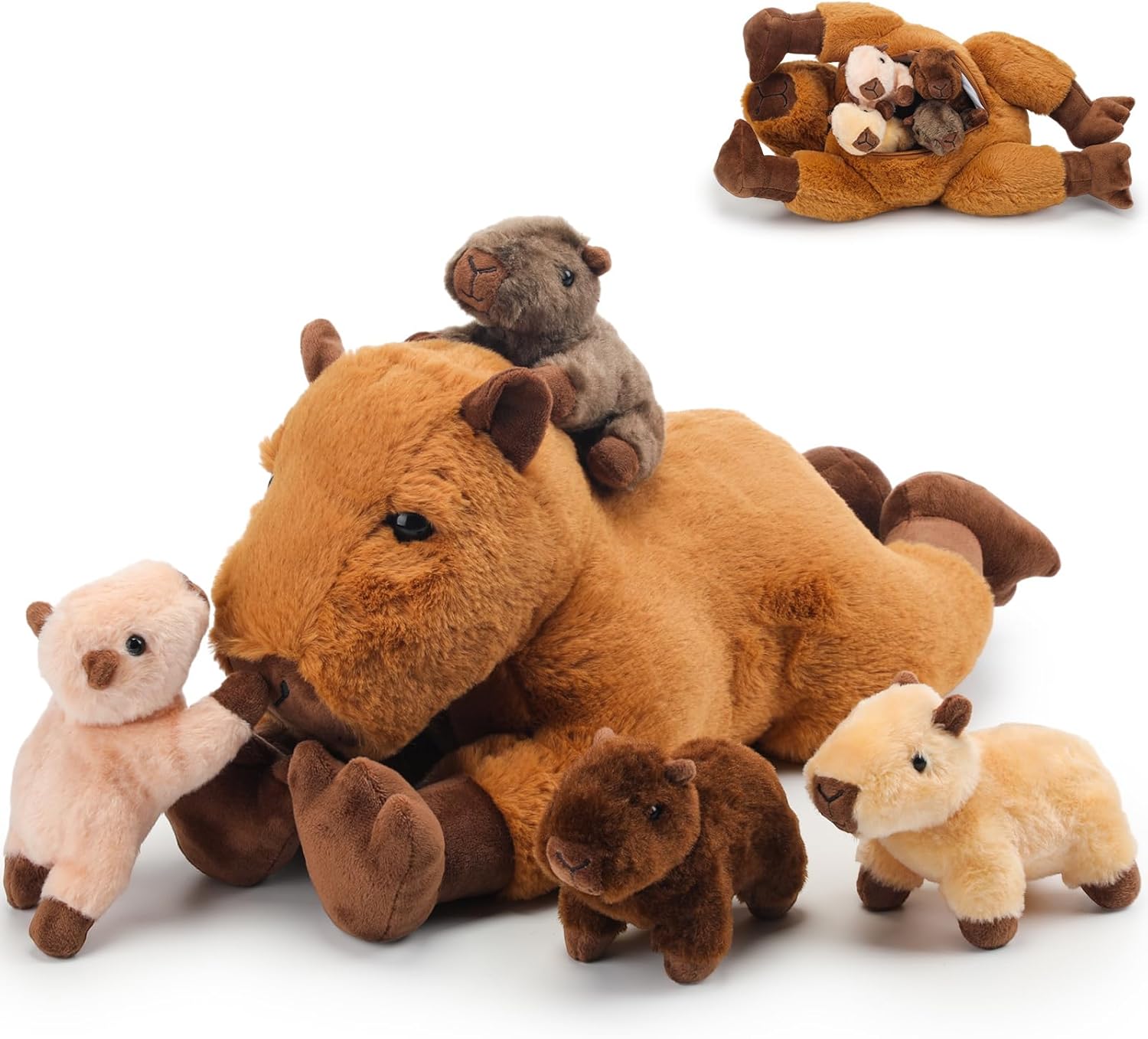 5 Pcs Capybara Stuffed Animals Capybara Plush Gift for Stuffed Mommy Kids with 4 Cute Babies Inside Soft Plushies for Birthday Party Gifts Operation Christmas(Dark Color,Lying Style)