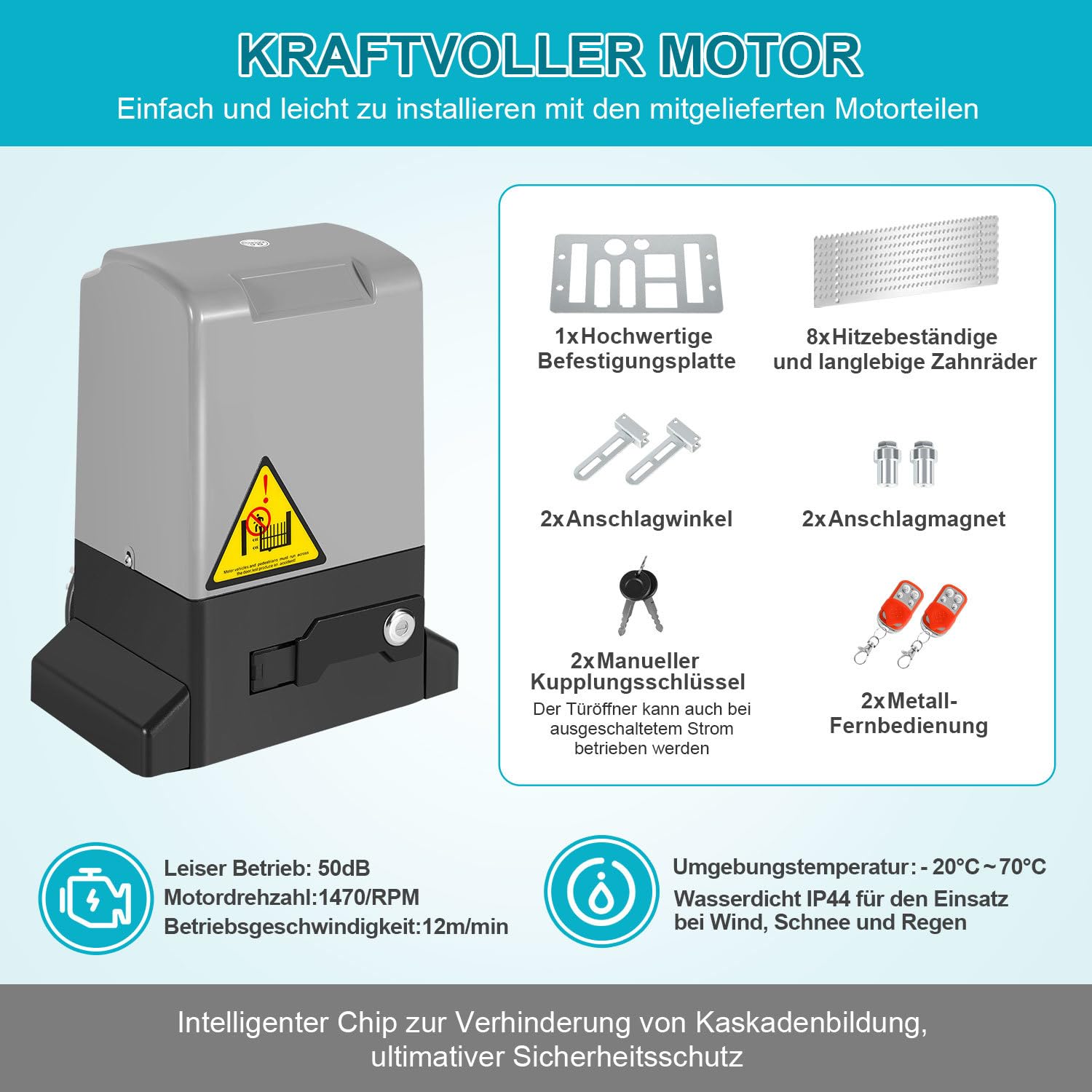 Set de accionamiento para puertas correderas 370W, accionamiento para puertas de garaje y accionamiento para puertas de batiente 800 kg, accionamiento de puerta eléctrico con 2 mandos a