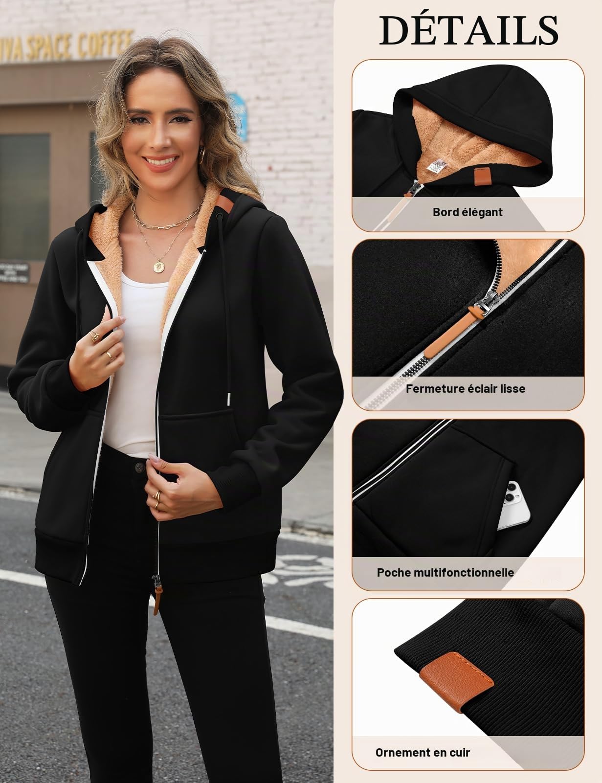Lonya Veste Polaire Femme Sweat à Capuche Zippée Manches Longues Manteaux Femme Sweat Pull Hoodie Sherpa Sweatshirt Blouson Automne avec Poches Doublé Polaire Hiver Chaud Outerwear