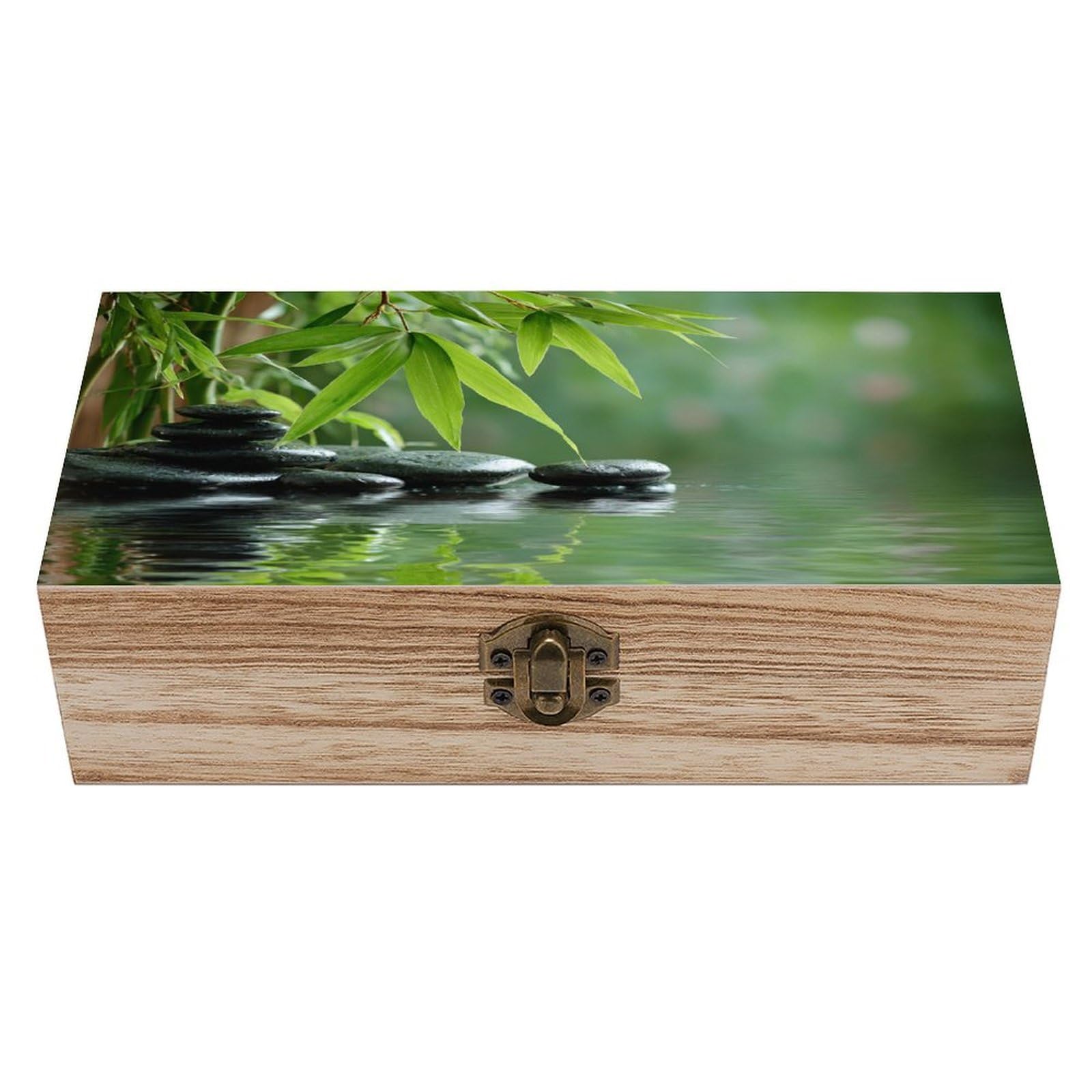 Peaceful Spa Smooth Stones Water Reflections Wooden Storage Box with Hinged