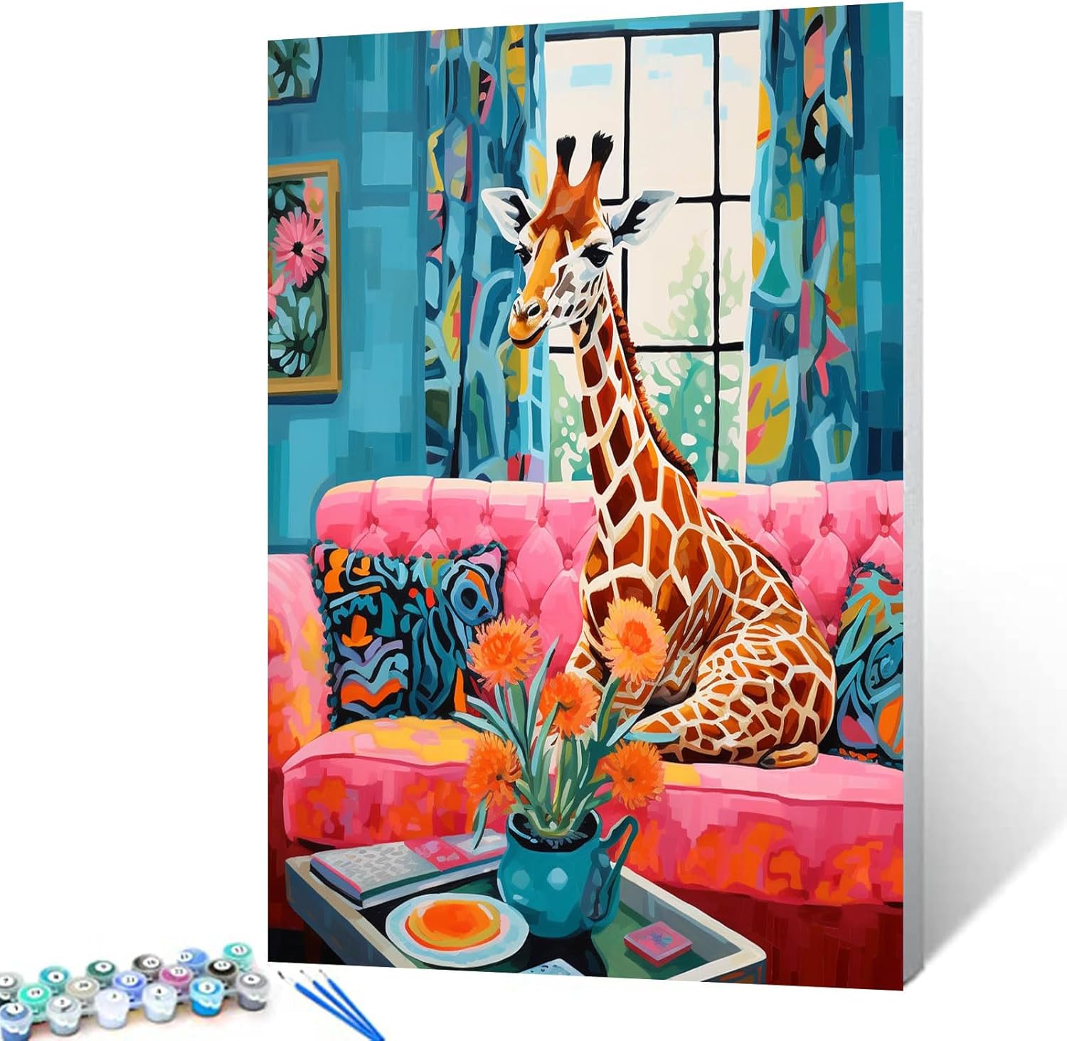 Tucocoo Cute Giraffe Sitting on Sofa Paint by Numbers Kits 16x20 inch Canvas Retro Style Batik DIY Oil Painting for Kids, Students, Adults Beginner with Brushes Acrylic Pigment Drawings(DIY Frame)