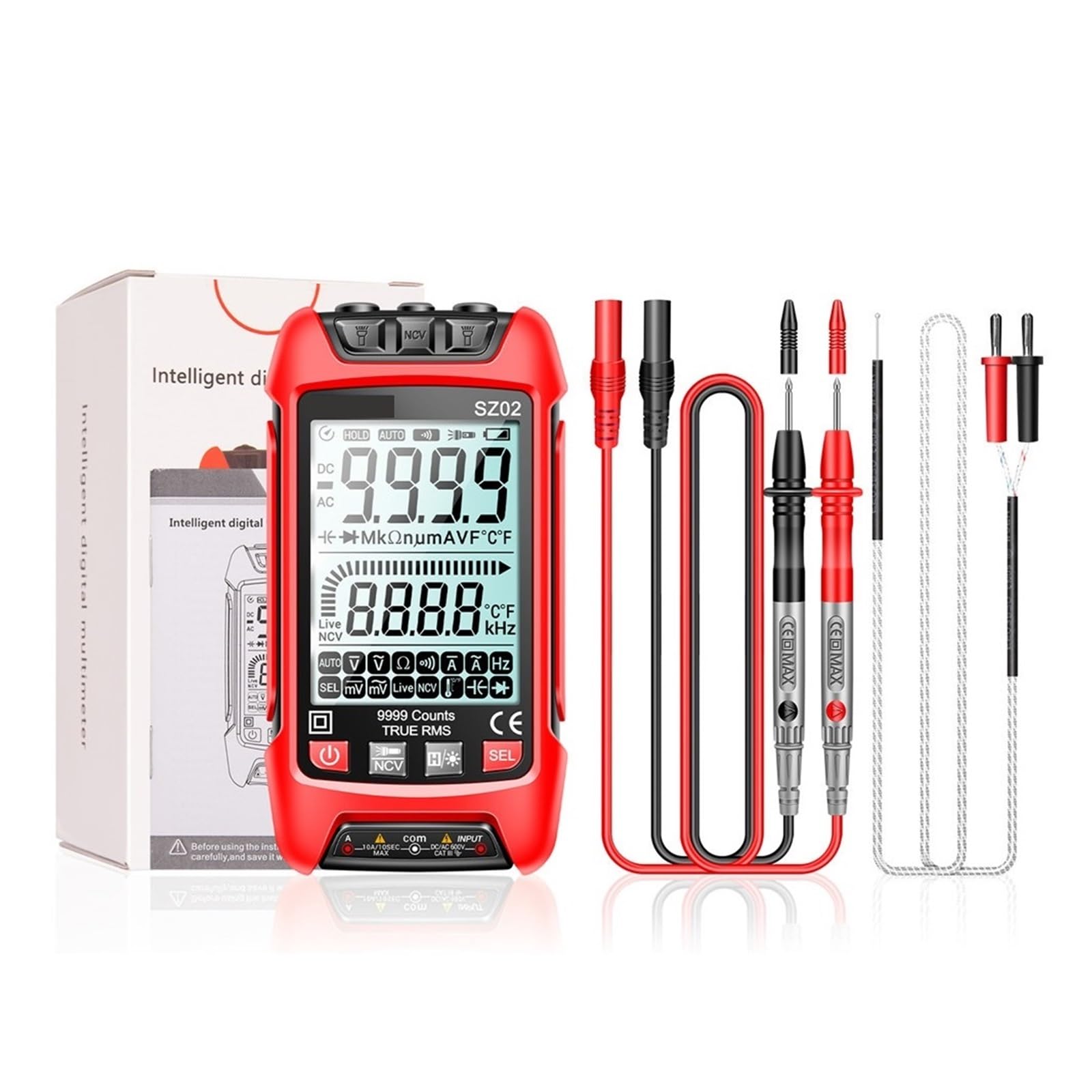 Tester Multimetru Multimetr Cyfrowy 6000/9999 Zlicza Napięcie DC/AC Tester Rezystancji Prądu True Rms Automatyczny Miernik Pojemności Elektrycznej Precyzja Bezpieczny(Red SZ02)