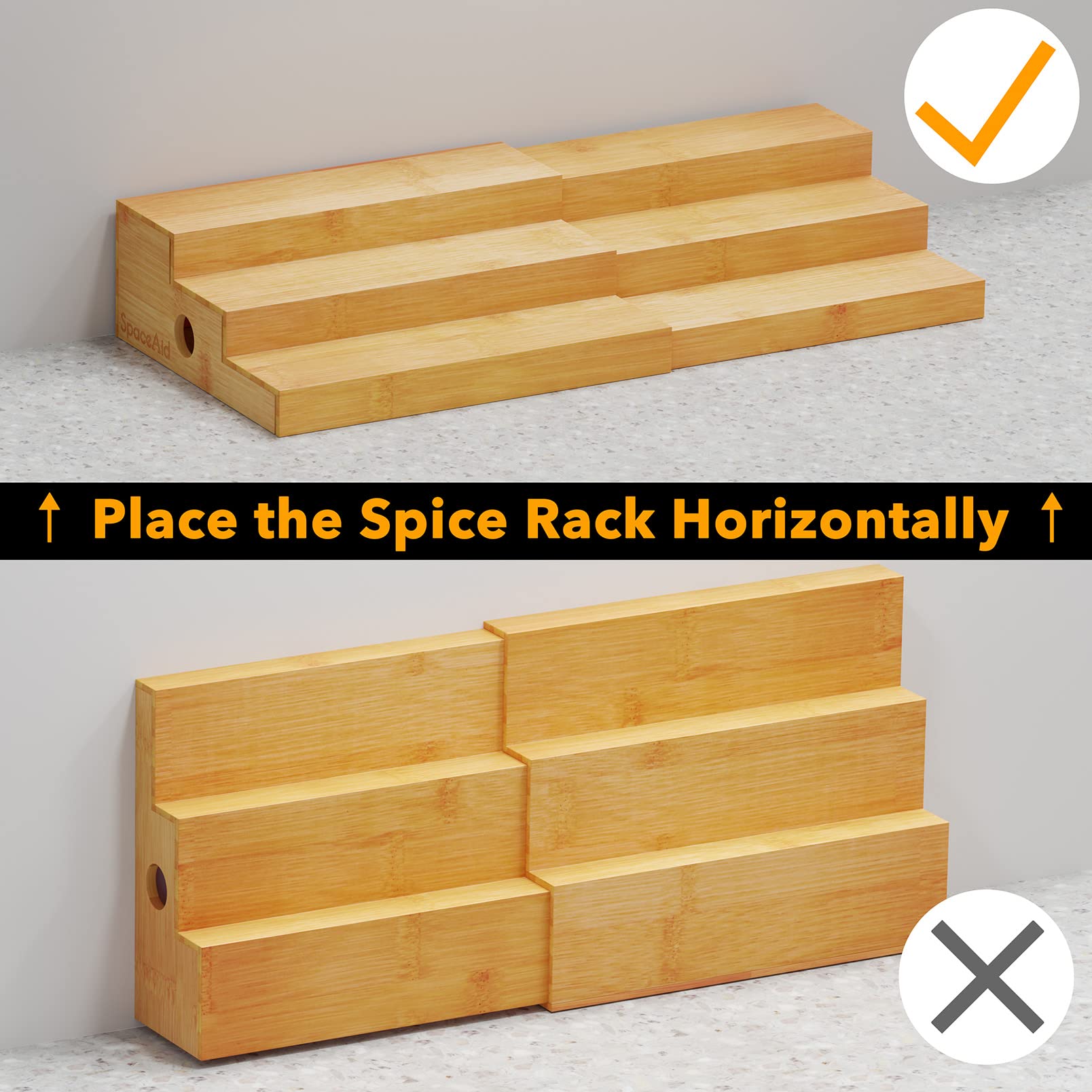 SpaceAid Organizador de especias para armario de cocina, despensa y encimera, estante de exhibición expandible de bambú para condimentos y latas (3 niveles, natural)