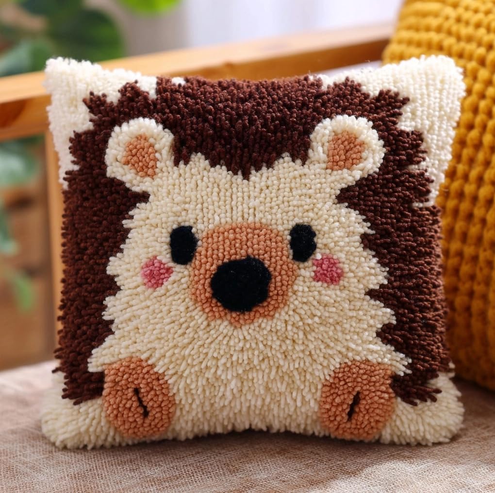 Taxpy Latch Hook Kits for DIY Throw Pillow Cover, Hedgehog Colorful Handmade Pillow Case Cross-Stitch Embroidery Cushion for Home Decoration, Festival 17X17Inch