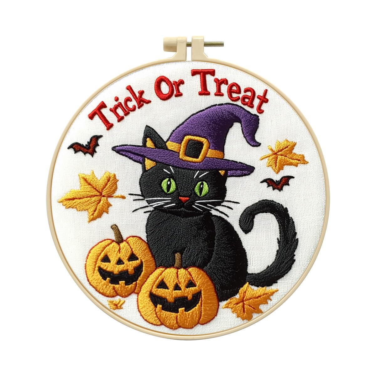 Zhenqing Halloween Black Cat Embroidery Kit for Beginners, Trick or Treat Witch Cat Needlework Kit with Pre-Printed Cotton Fabric, Hoop, Threads &amp; Tools, Spooky DIY Decor (C0118)